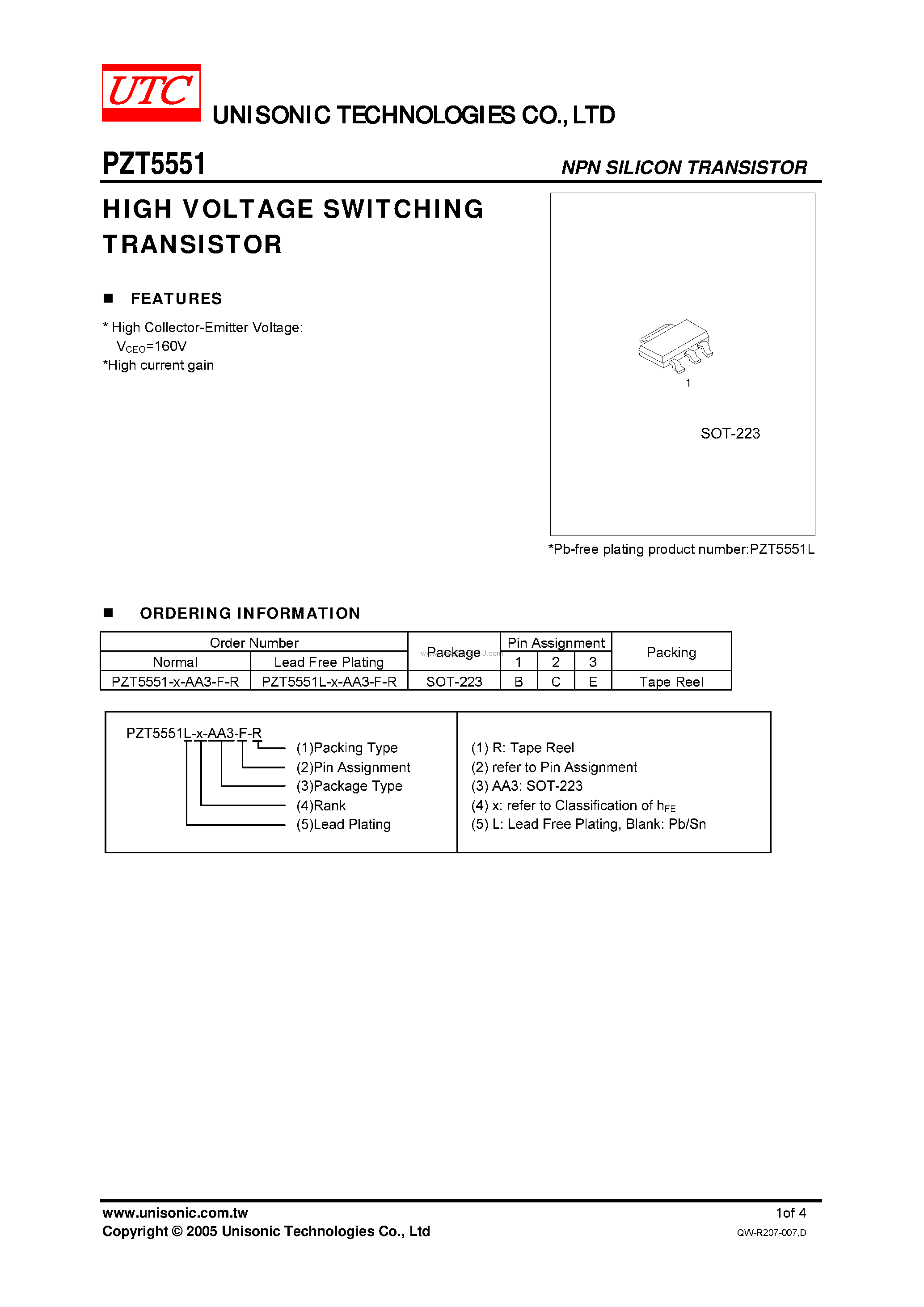 Datasheet PZT5551 - HIGH VOLTAGE SWITCHING TRANSISTOR page 1