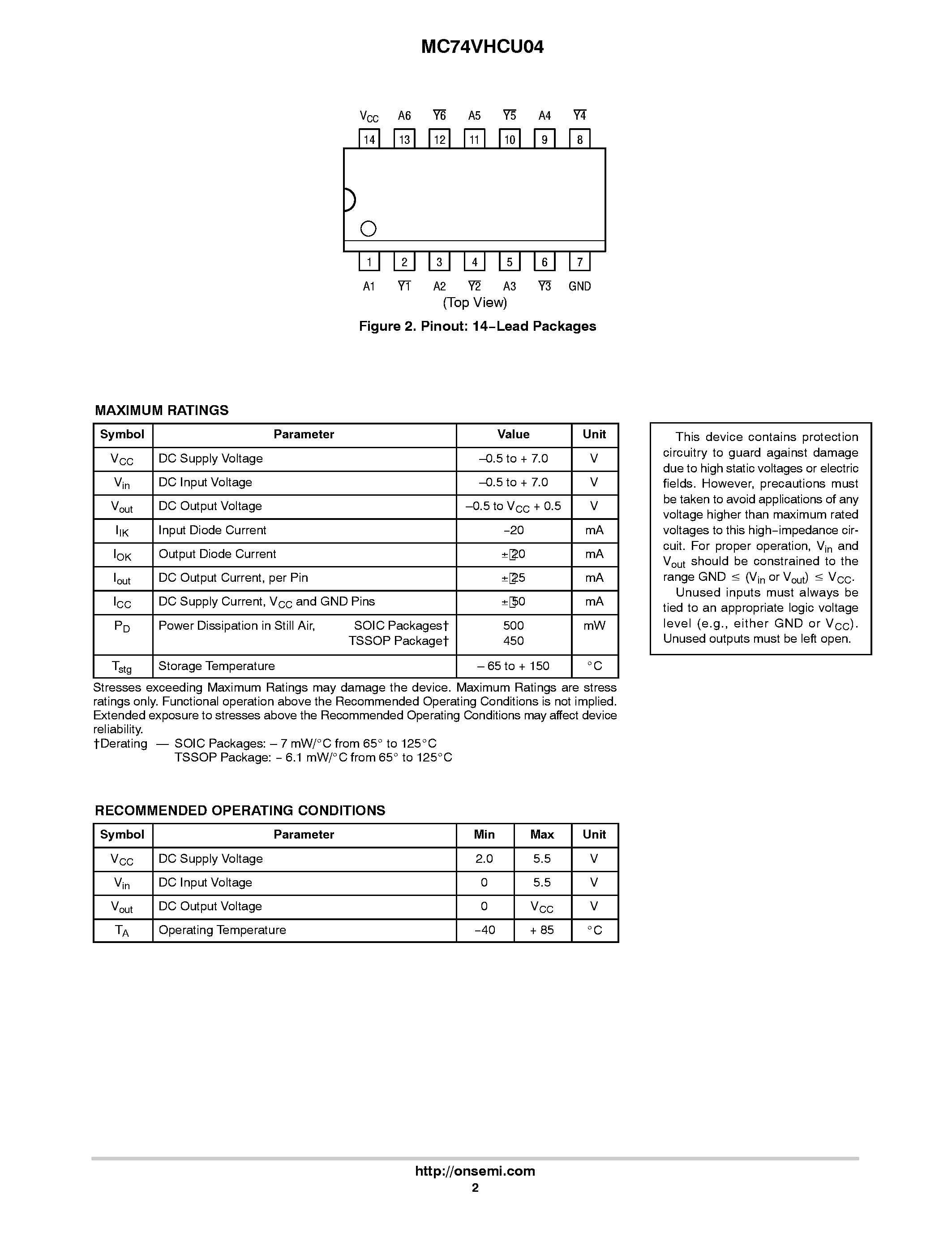 Datasheet MC74VHCU04 - Hex Inverter page 2