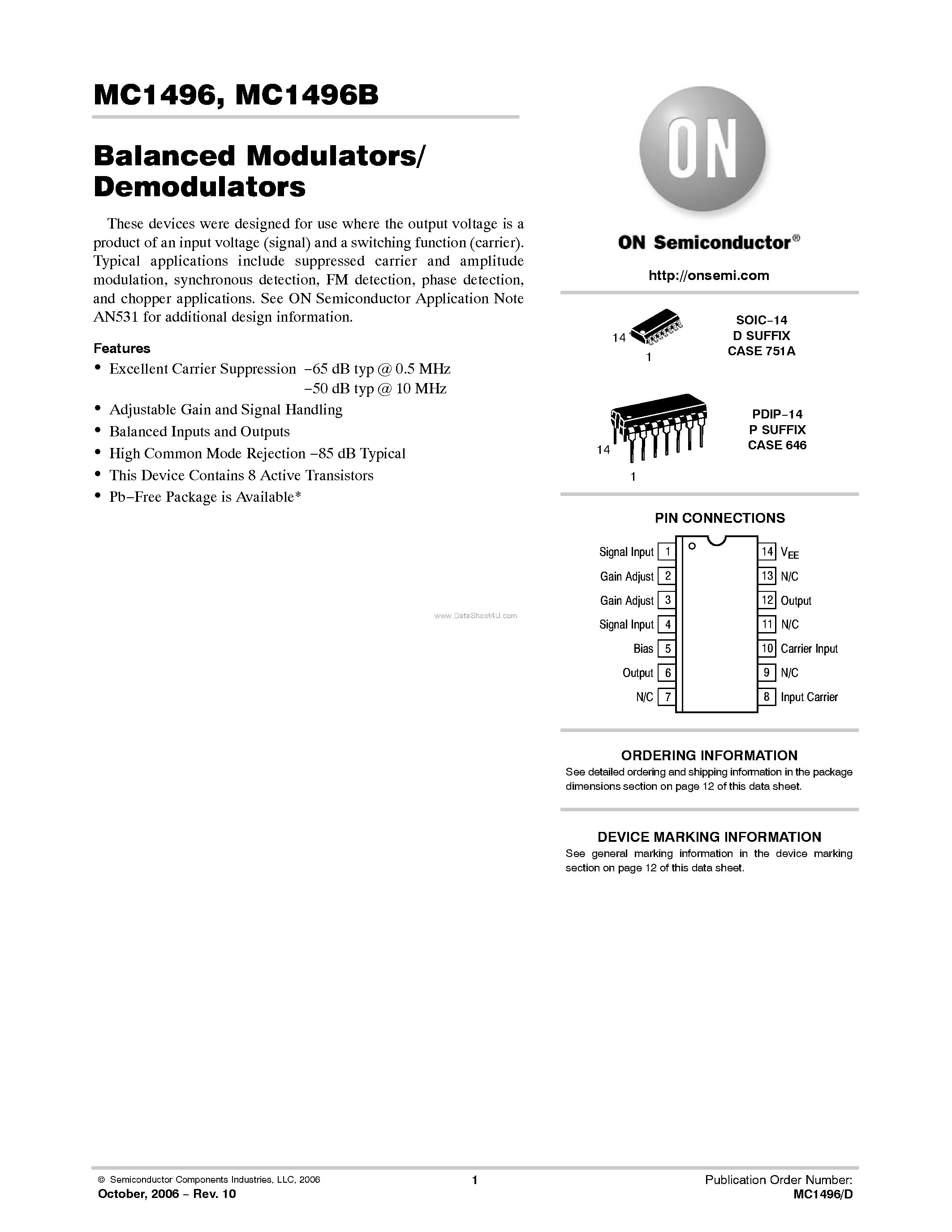Datasheet MC1496 - BALANCED MODULATORS/DEMODULATORS page 1
