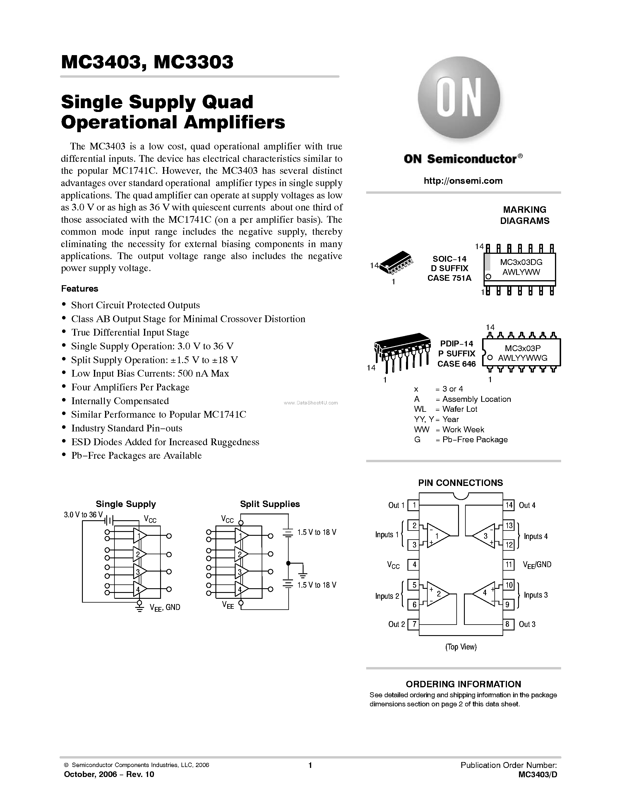 Даташит MC3303 - (MC3303 / MC3403) Single Supply Quad Operational Amplifiers страница 1