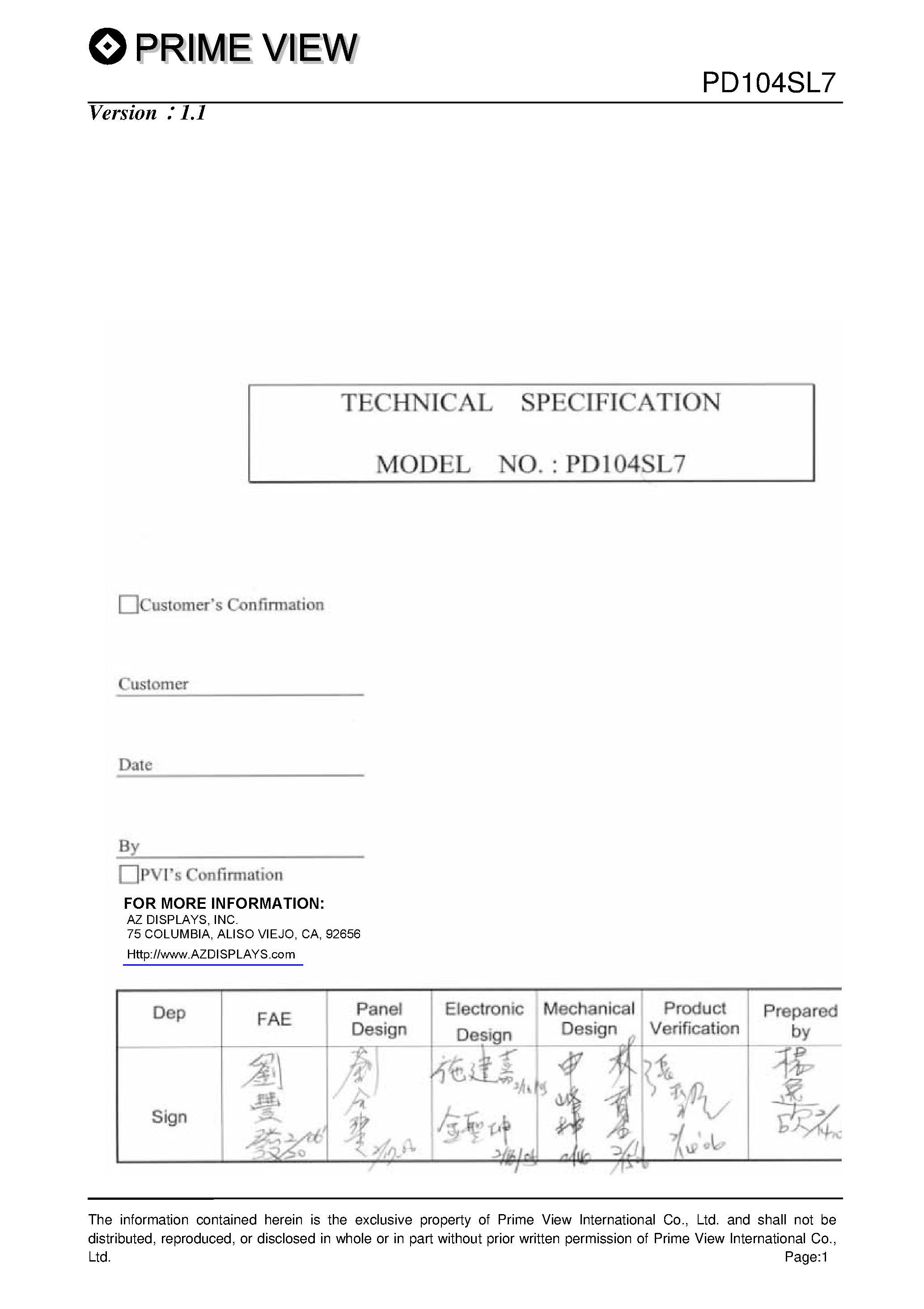 Datasheet PD104SL7 - TECHNICAL SPECIFICATION page 1