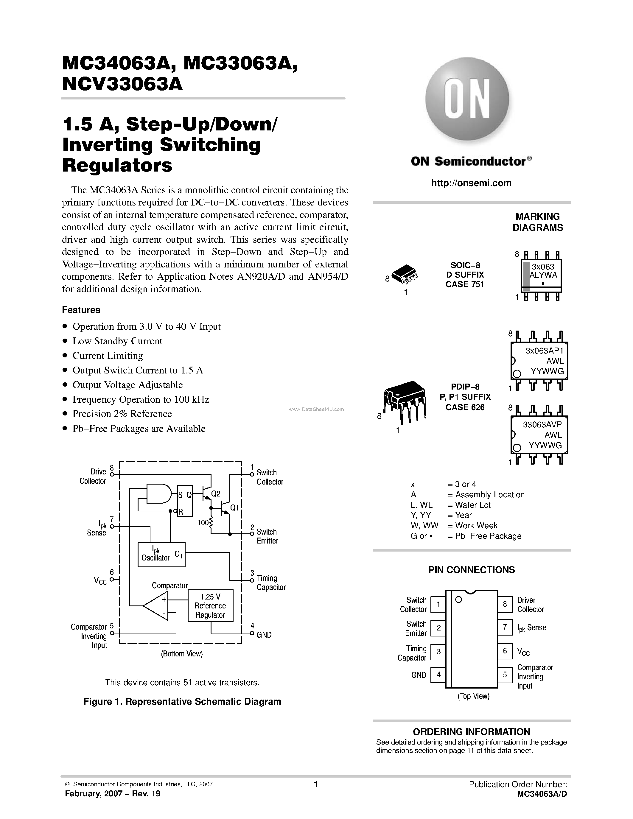 Datasheet MC33063A - (MC33063A / MC34063A) Step-Up/Down/ Inverting Switching Regulators page 1