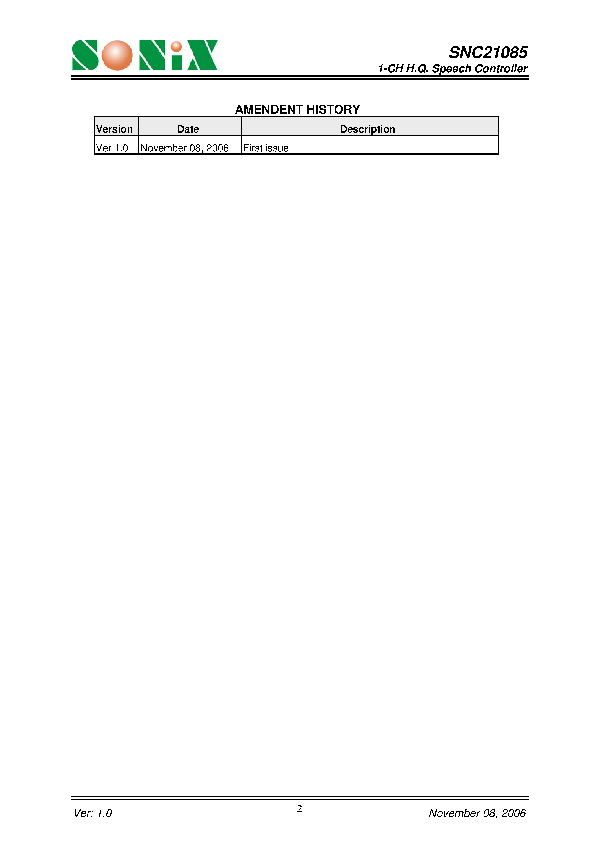 Datasheet SNC21085 - 1-CH H.Q. Speech Controller page 2