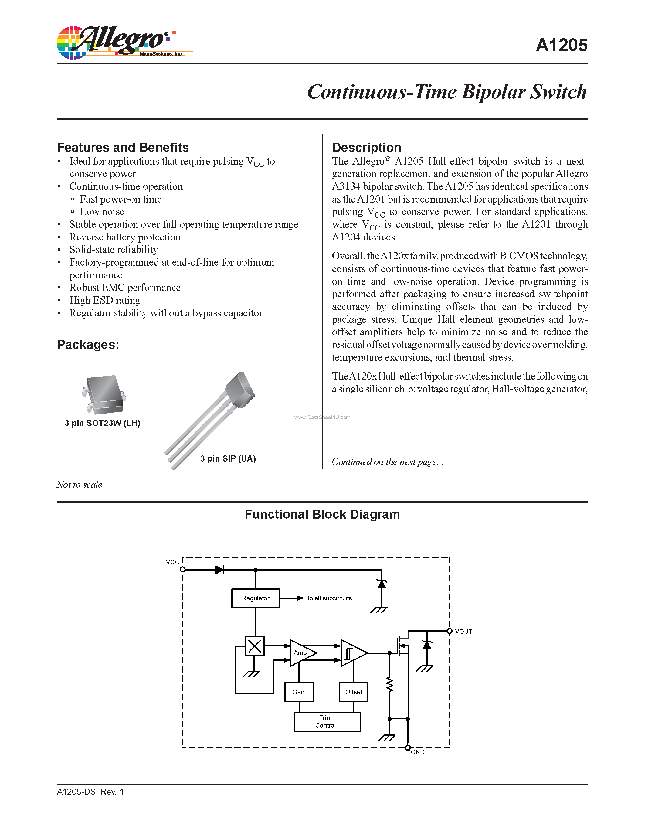Datasheet A1205 - Continuous-Time Bipolar Switch page 1