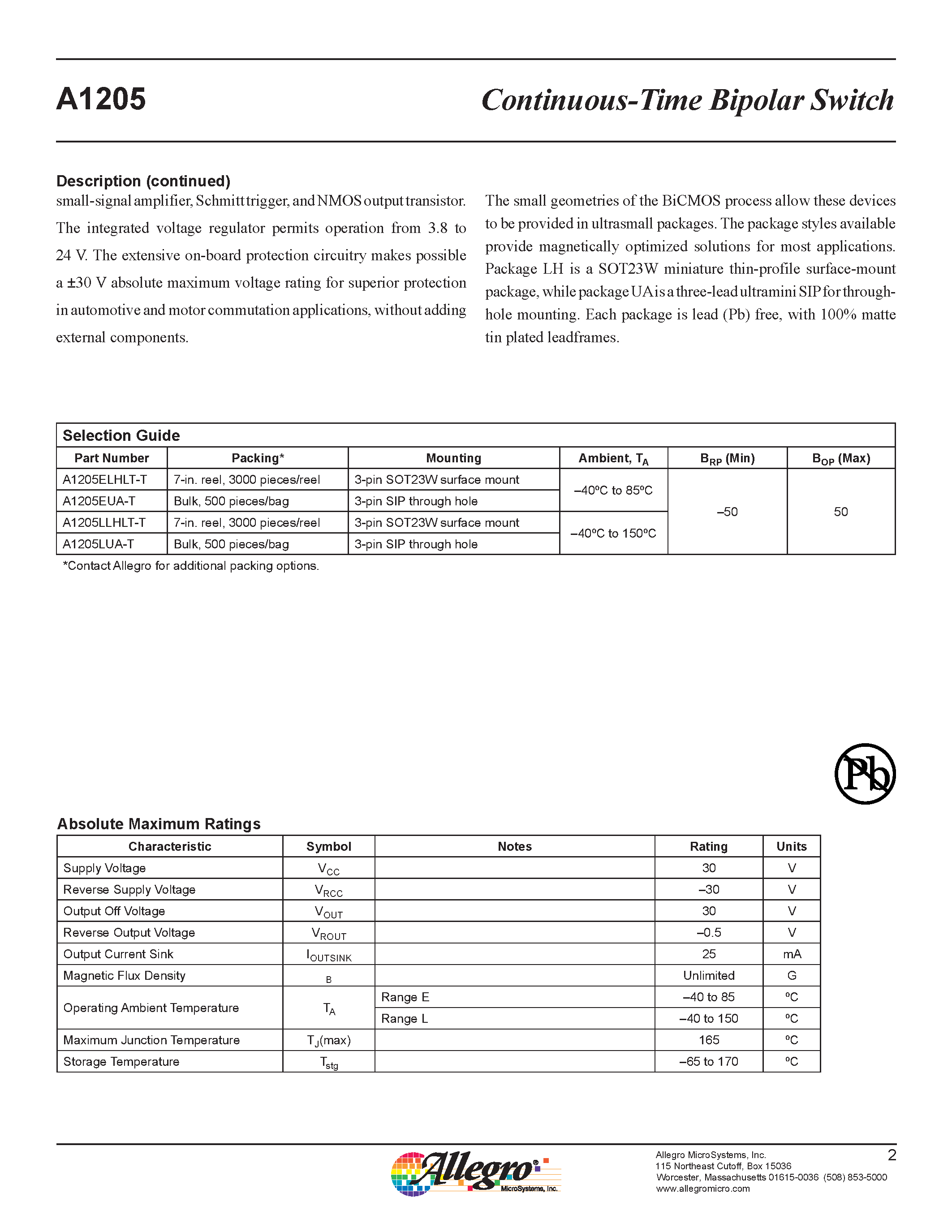 Datasheet A1205 - Continuous-Time Bipolar Switch page 2