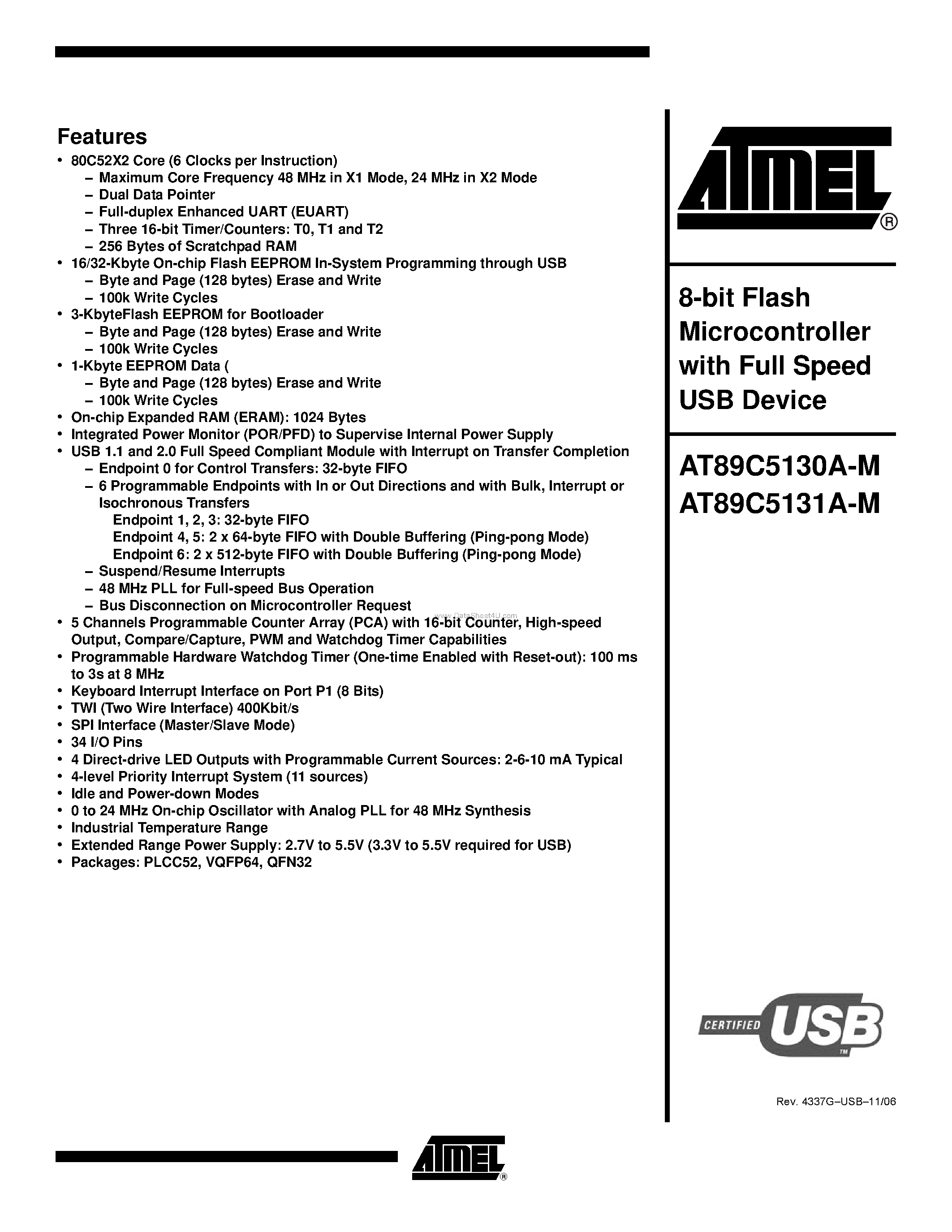 Datasheet AT89C5130A-M - (AT89C5130A-M / AT89C5131A-M) 8-bit Flash Microcontroller page 1