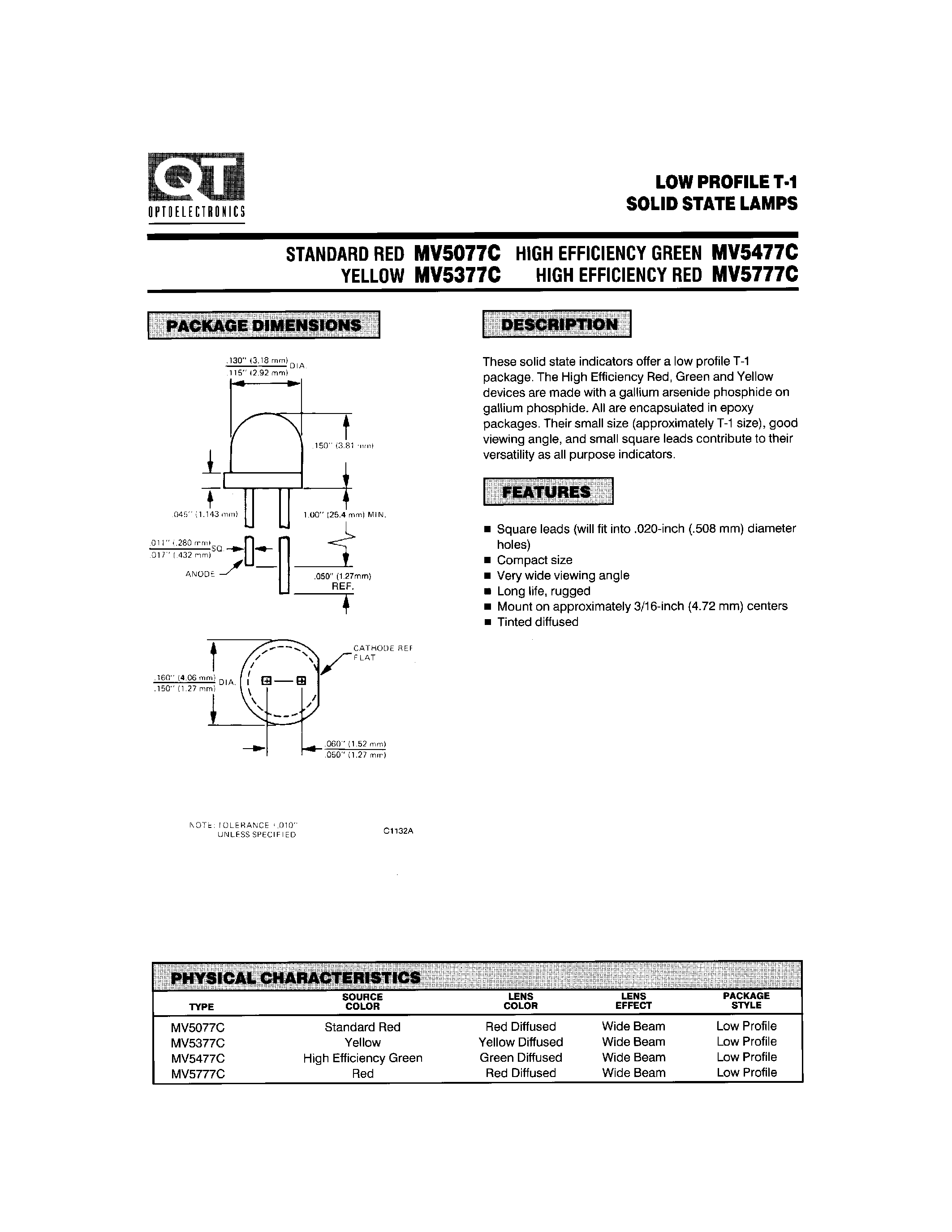 Datasheet MV5077C - (MV5x77C) LOW PROFILE T-1 SOLID STATE LAMPS page 1
