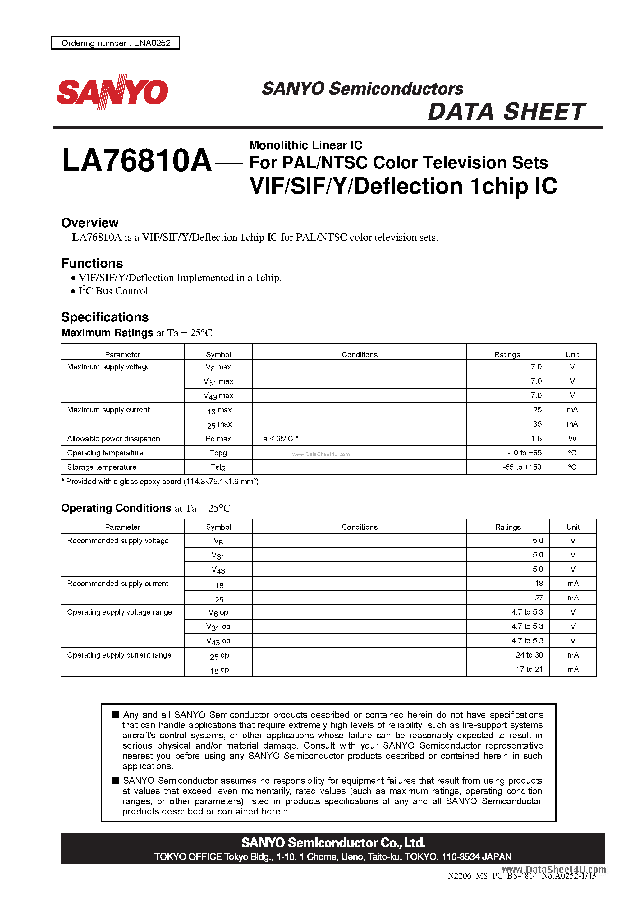 Datasheet LA76810A - VIF/SIF/Y/Deflection 1 Chip IC page 1