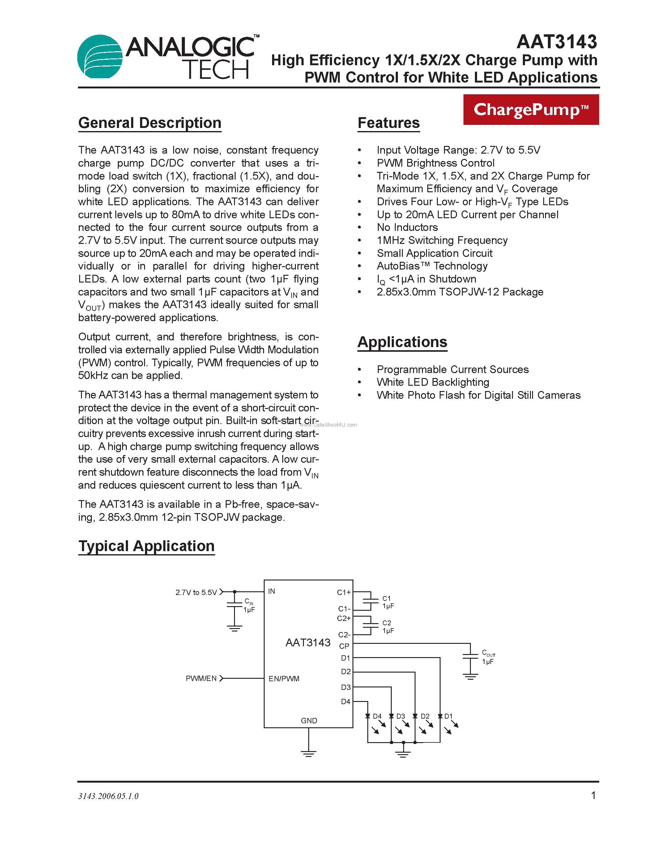 Даташит AAT3143 - High Efficiency 1X/1.5X/2X Charge Pump страница 1