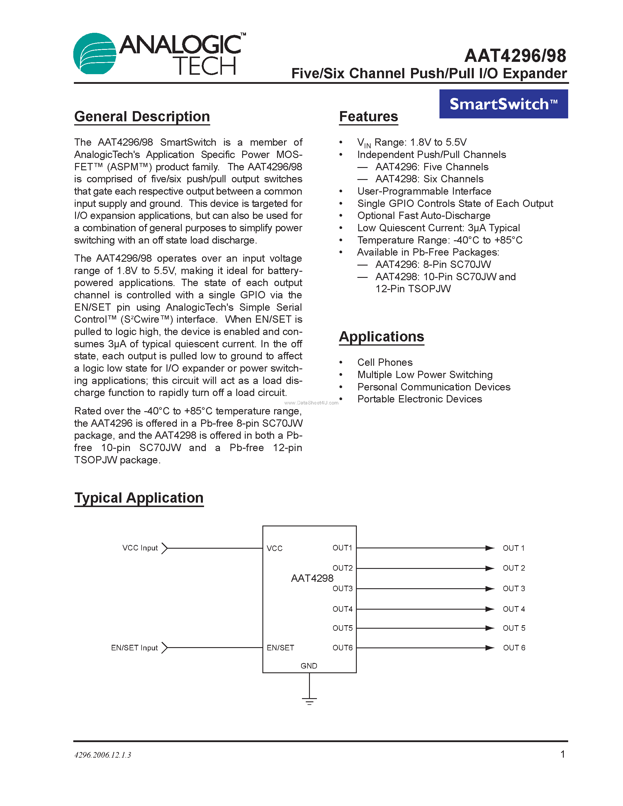 Datasheet AAT4296 - (AAT4296 / AAT4298) Five/Six Channel Push/Pull I/O Expander page 1