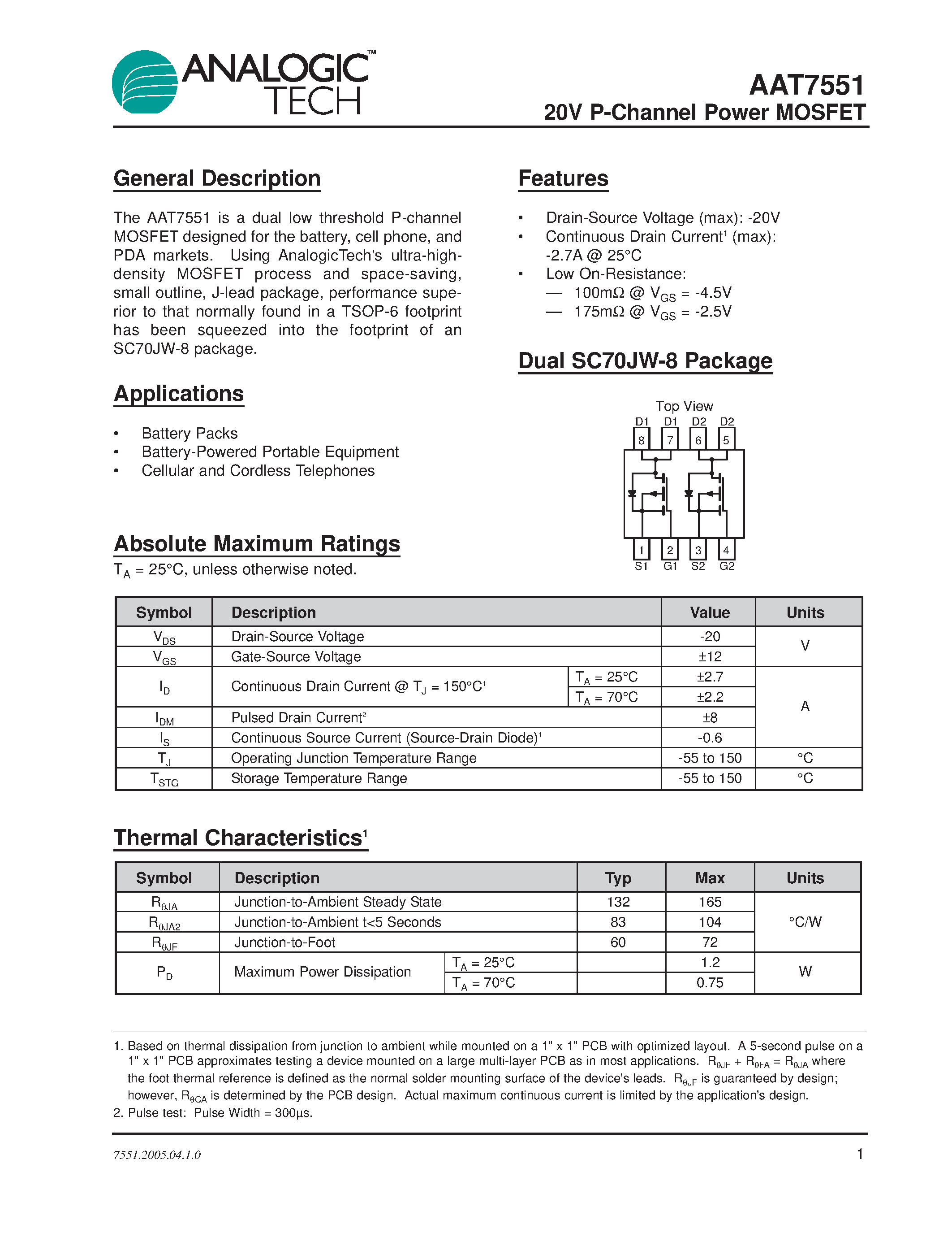 Datasheet AAT7551 - P-Channel Power MOSFET page 1