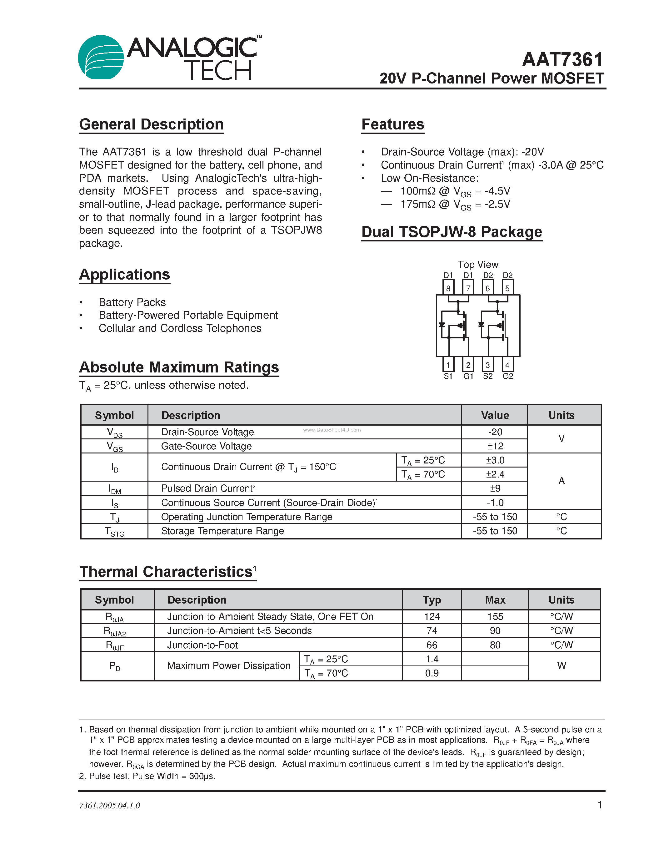 Datasheet AAT7361 - P-Channel Power MOSFET page 1