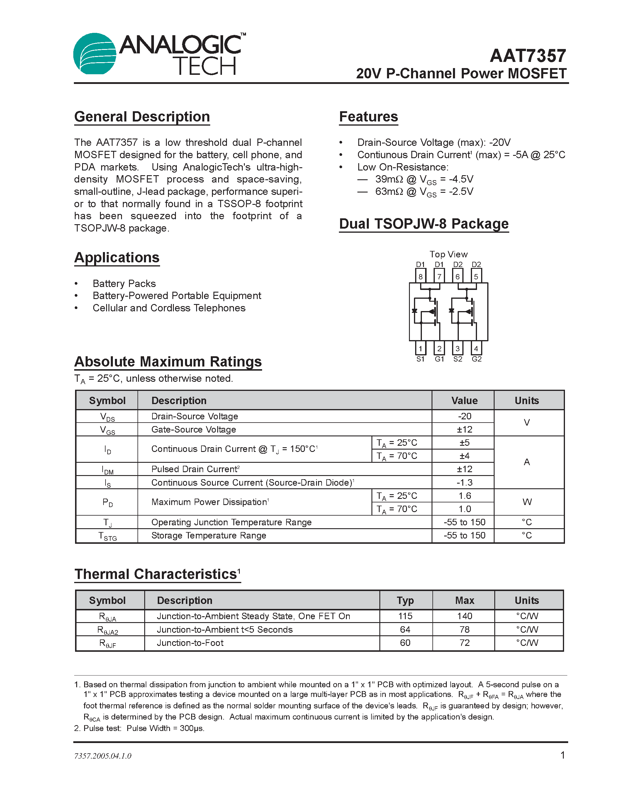 Datasheet AAT7357 - P-Channel Power MOSFET page 1