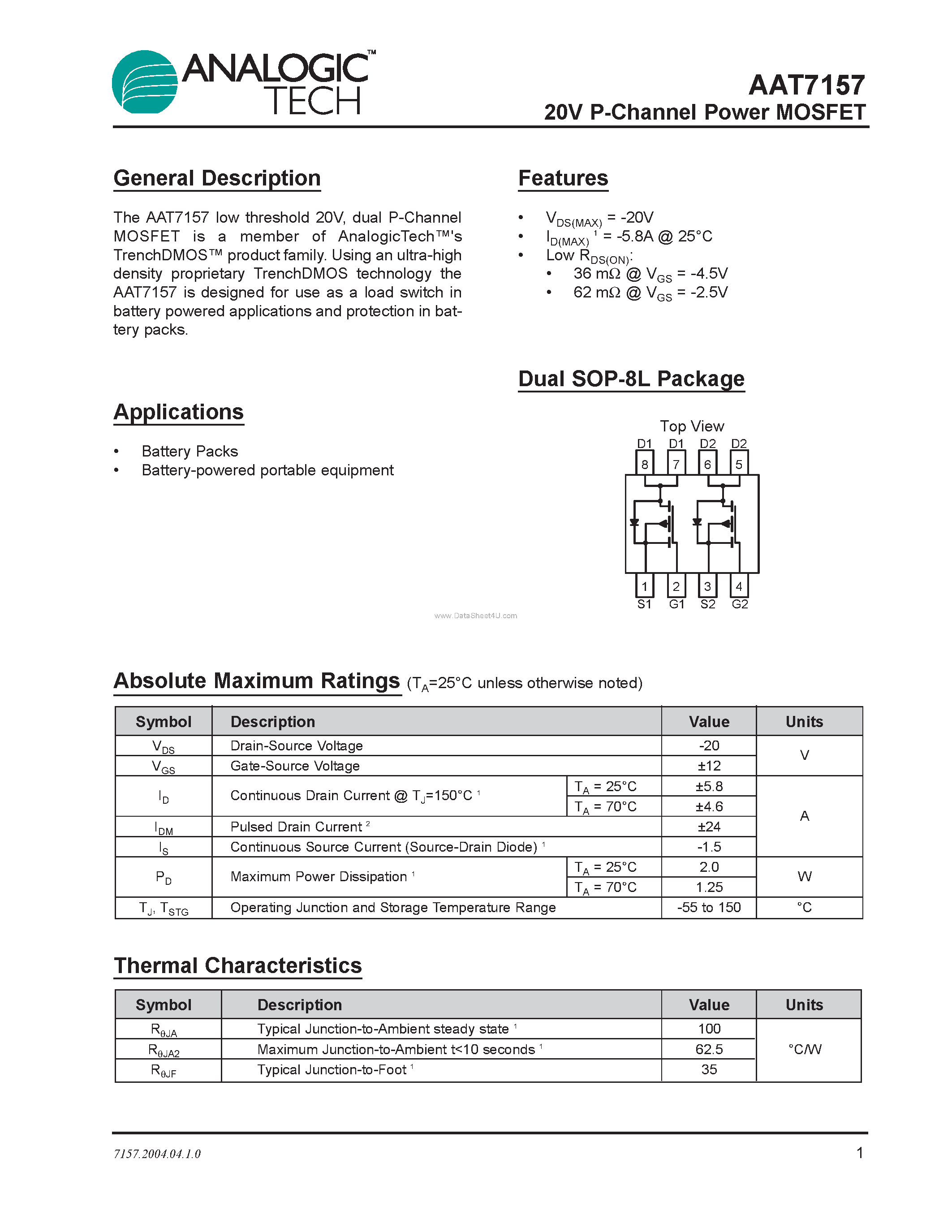 Datasheet AAT7157 - P-Channel Power MOSFET page 1