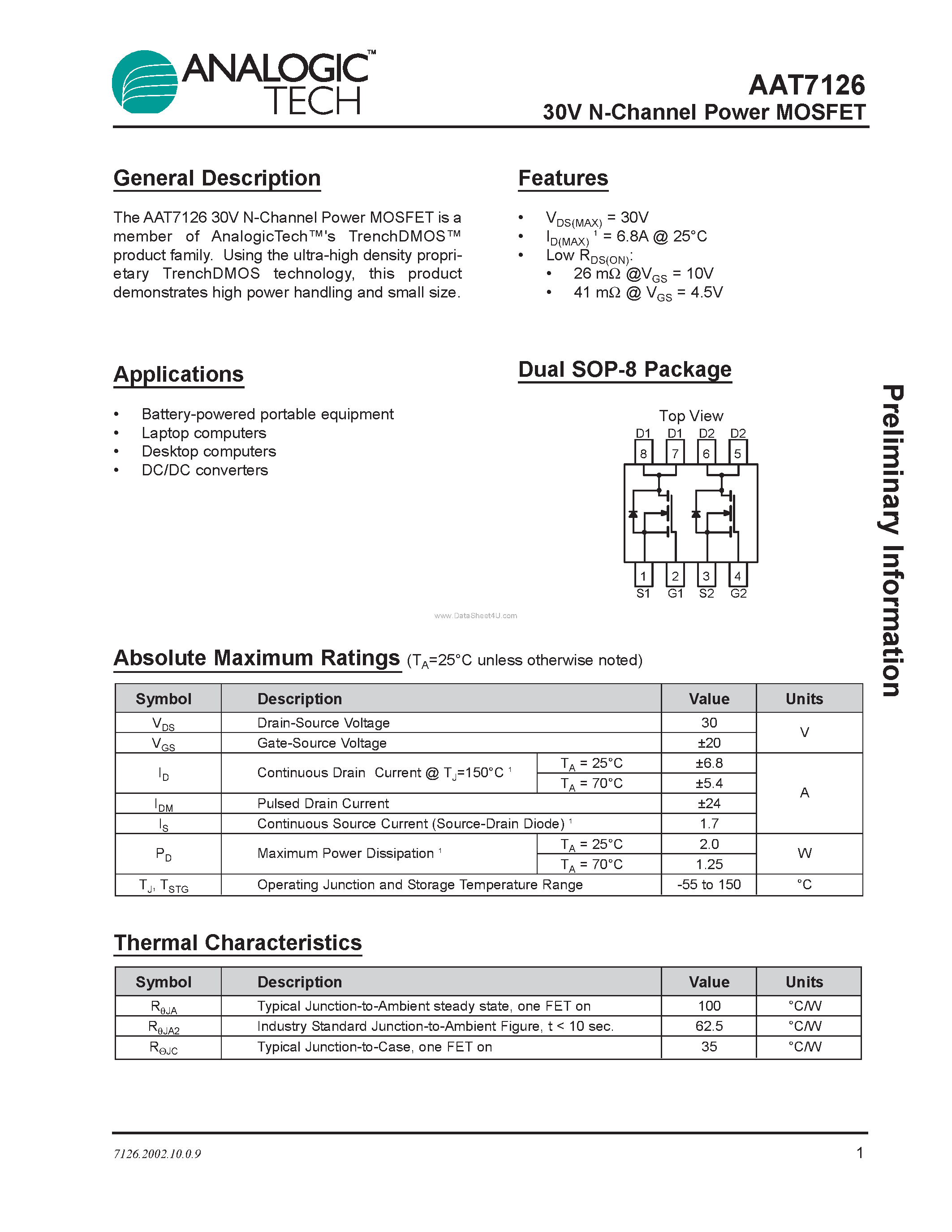 Datasheet AAT7126 - N-Channel Power MOSFET page 1