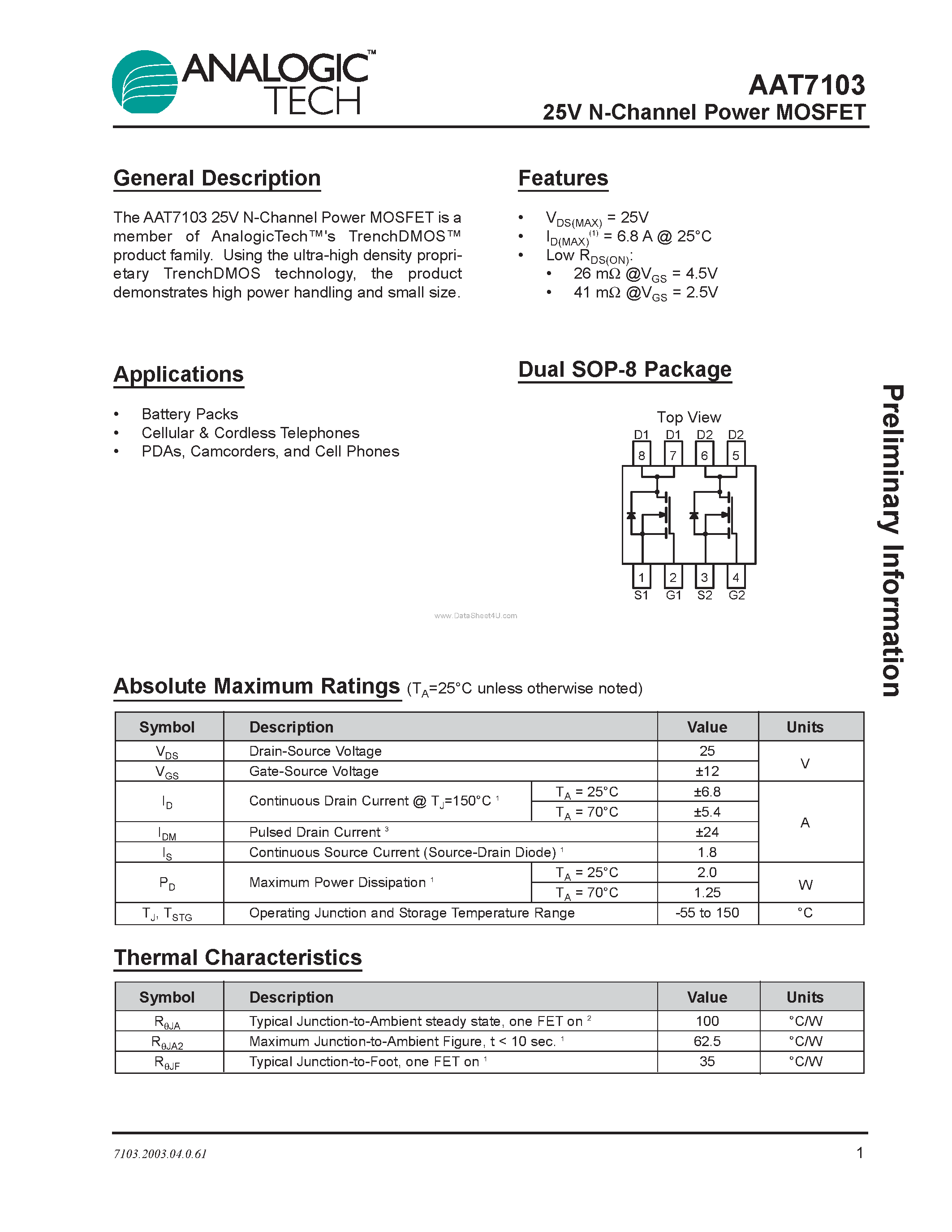 Datasheet AAT7103 - N-Channel Power MOSFET page 1