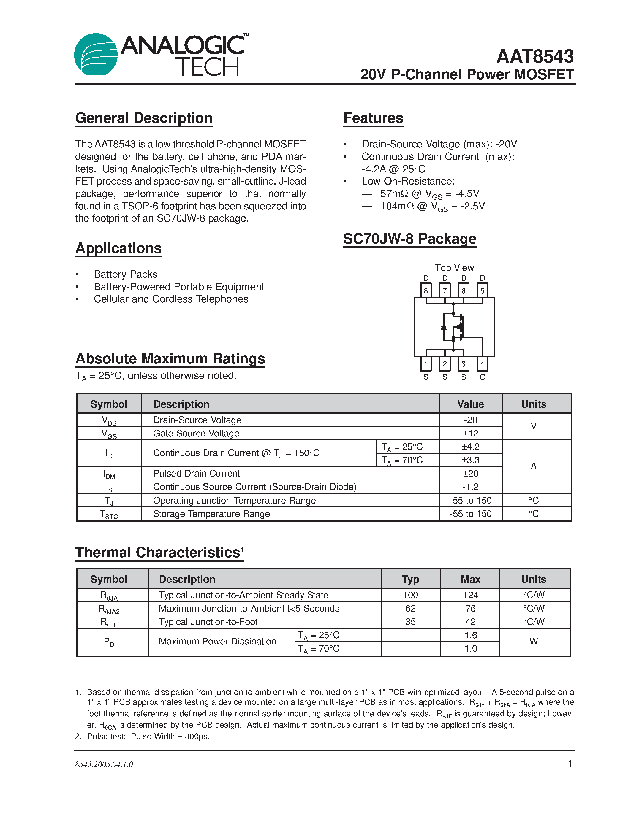 Datasheet AAT8543 - P-Channel Power MOSFET page 1