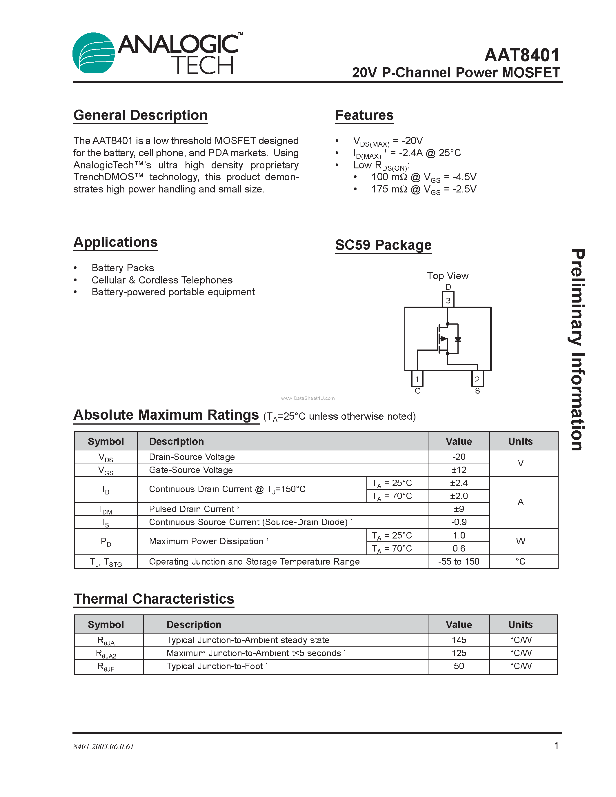 Datasheet AAT8401 - P-Channel Power MOSFET page 1