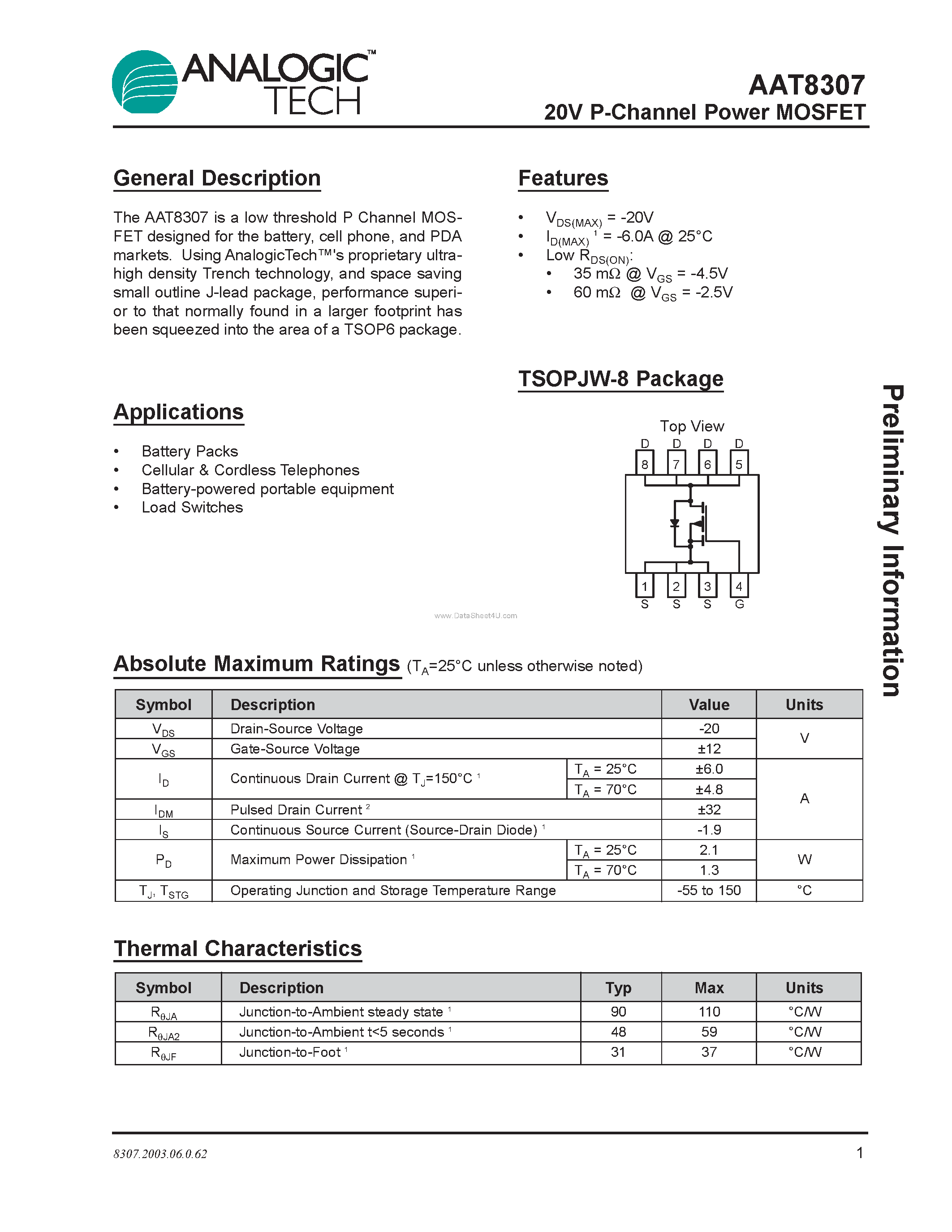 Datasheet AAT8307 - P-Channel Power MOSFET page 1