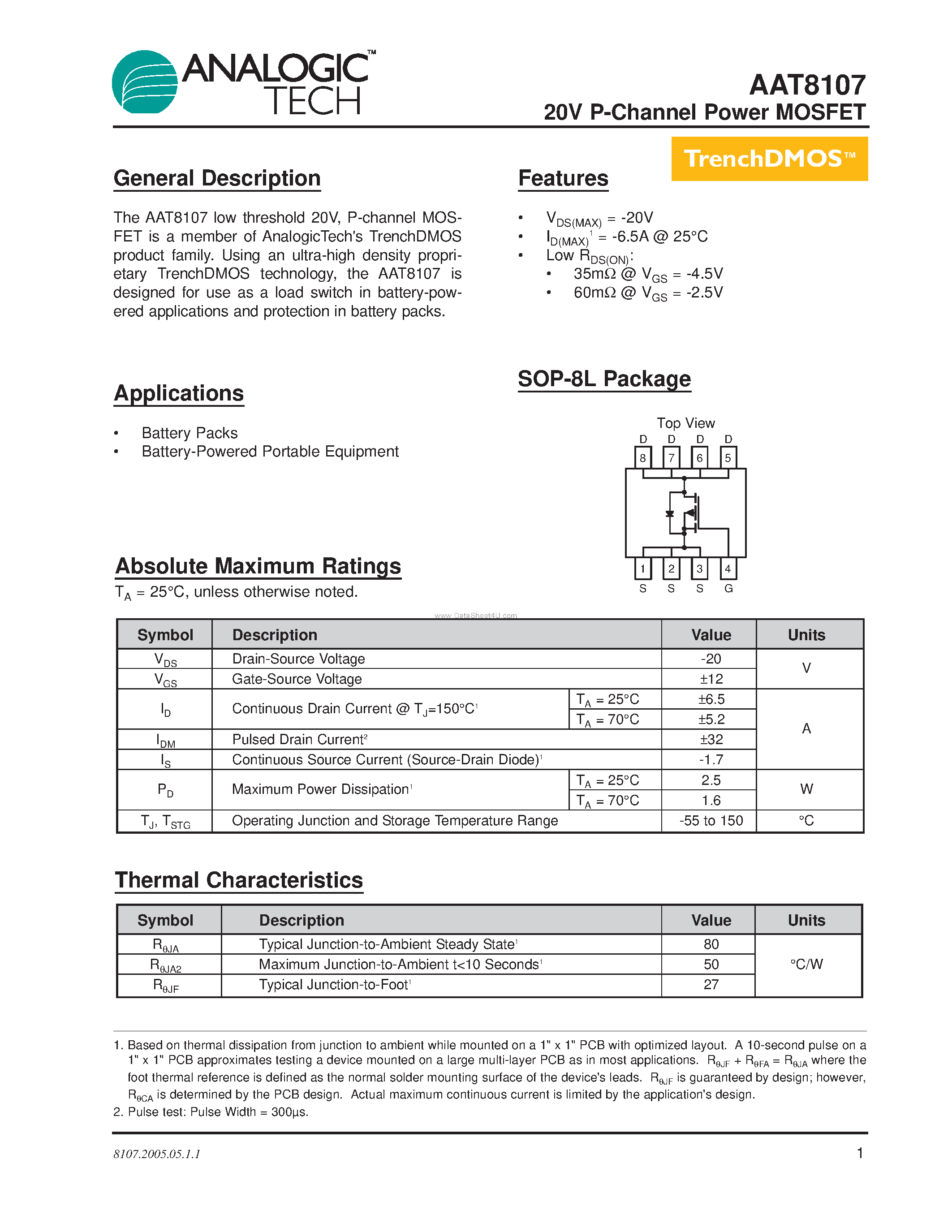Datasheet AAT8107 - P-Channel Power MOSFET page 1
