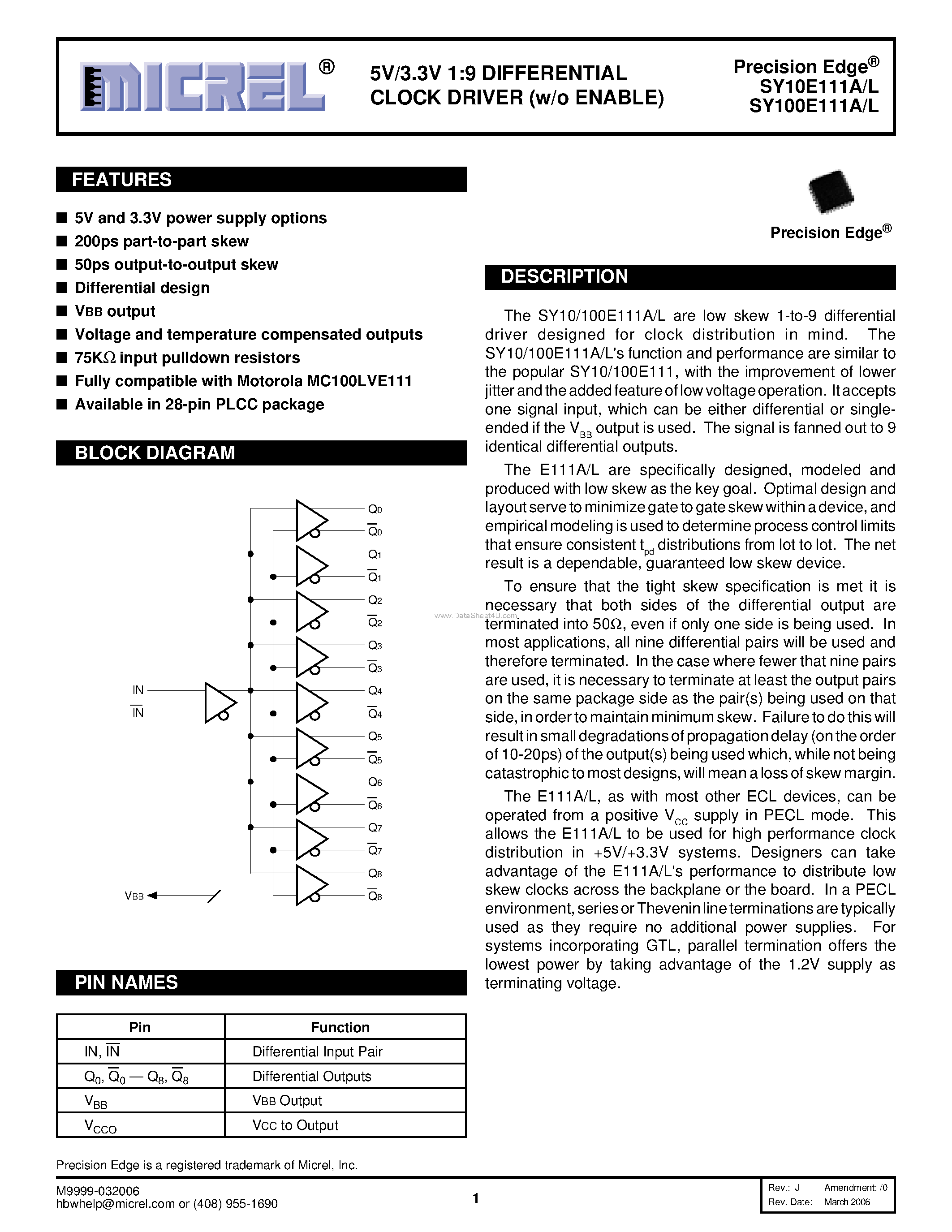 Datasheet SY100E111A - 1:9 DIFFERENTIAL CLOCK DRIVER page 1