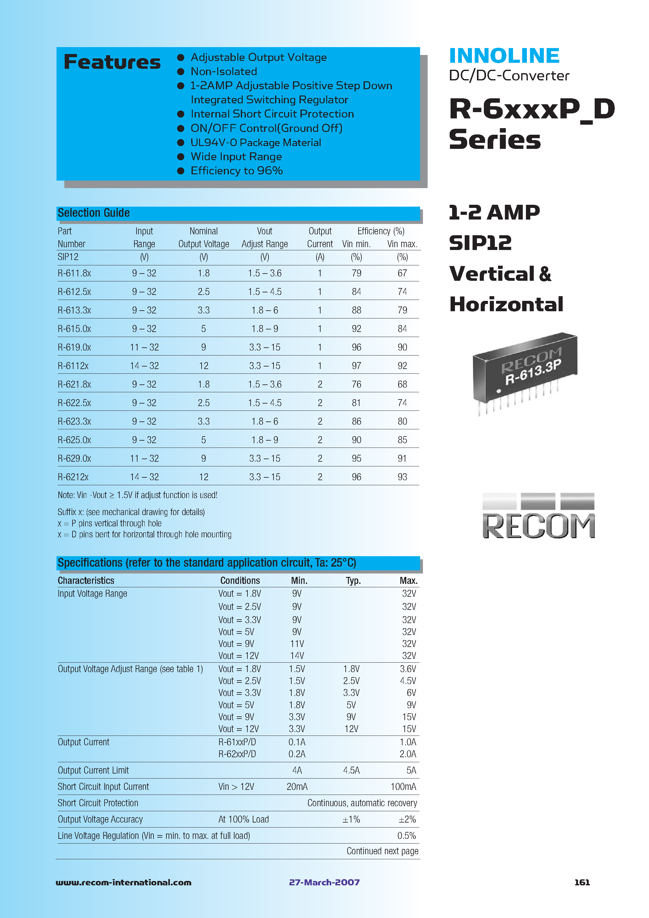 Datasheet R-611.8P - 1-2 AMP SIP12 Vertical & Horizontal page 1