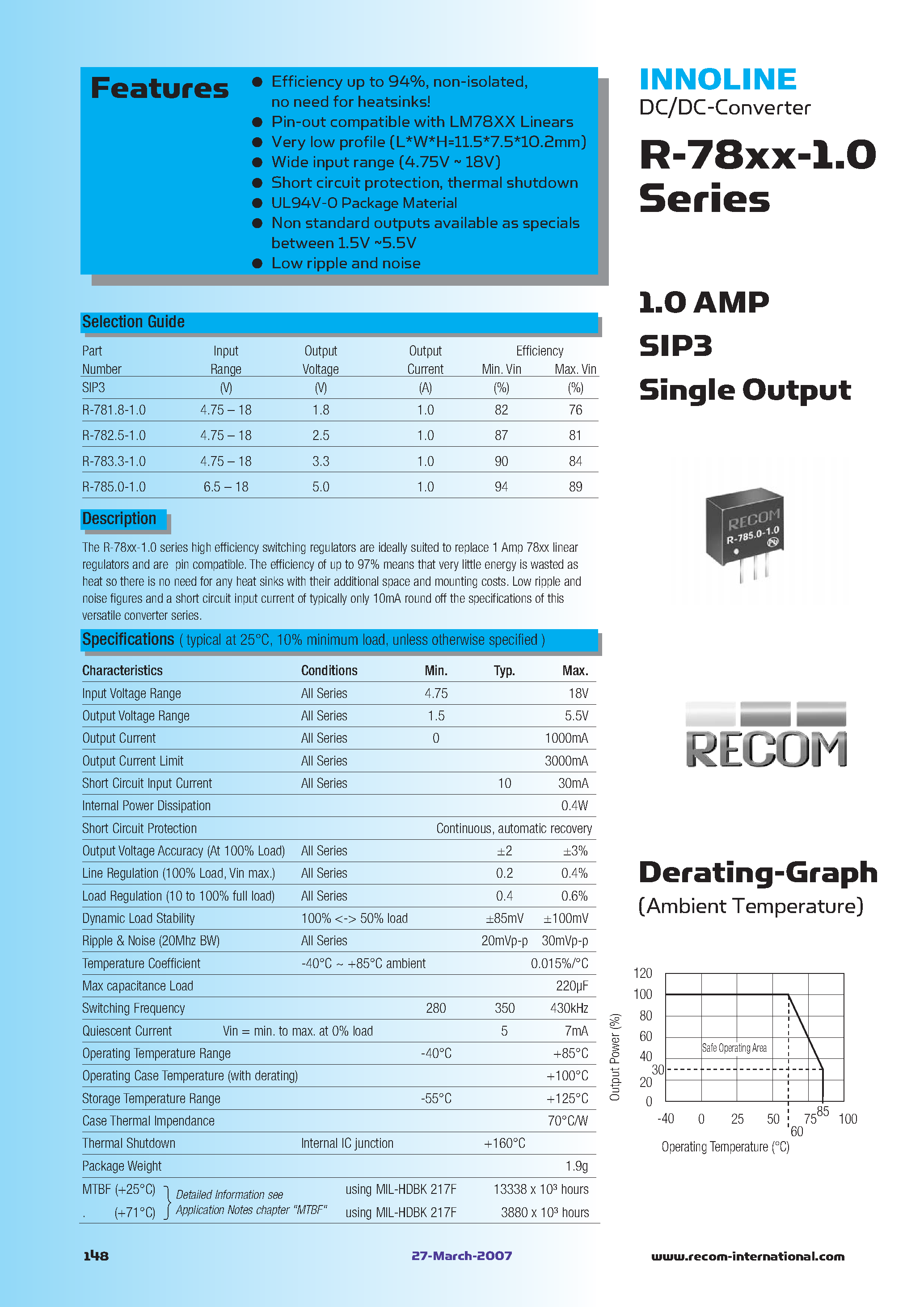 Даташит R-785.0-1.0 - SIP3 Single Output страница 1