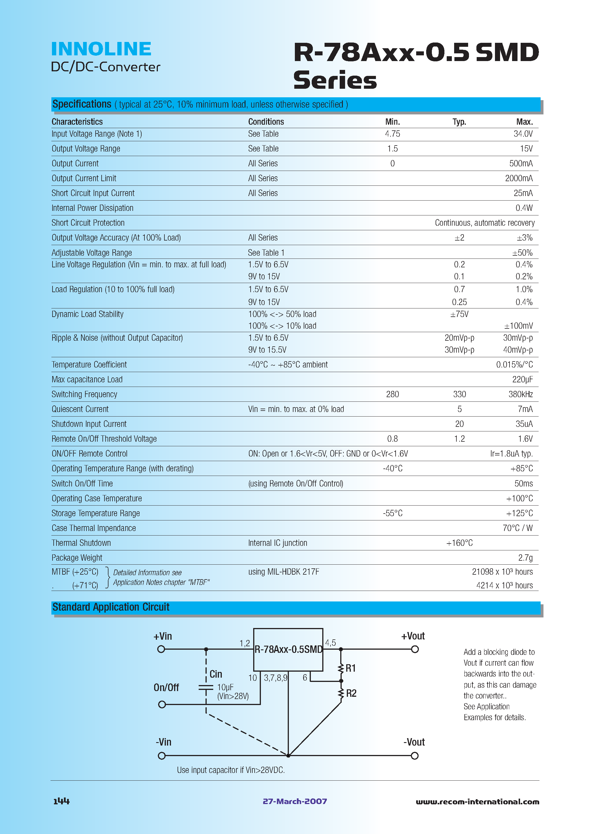 Даташит R-78A1.5-0.5SMD - SMD Single Output страница 2