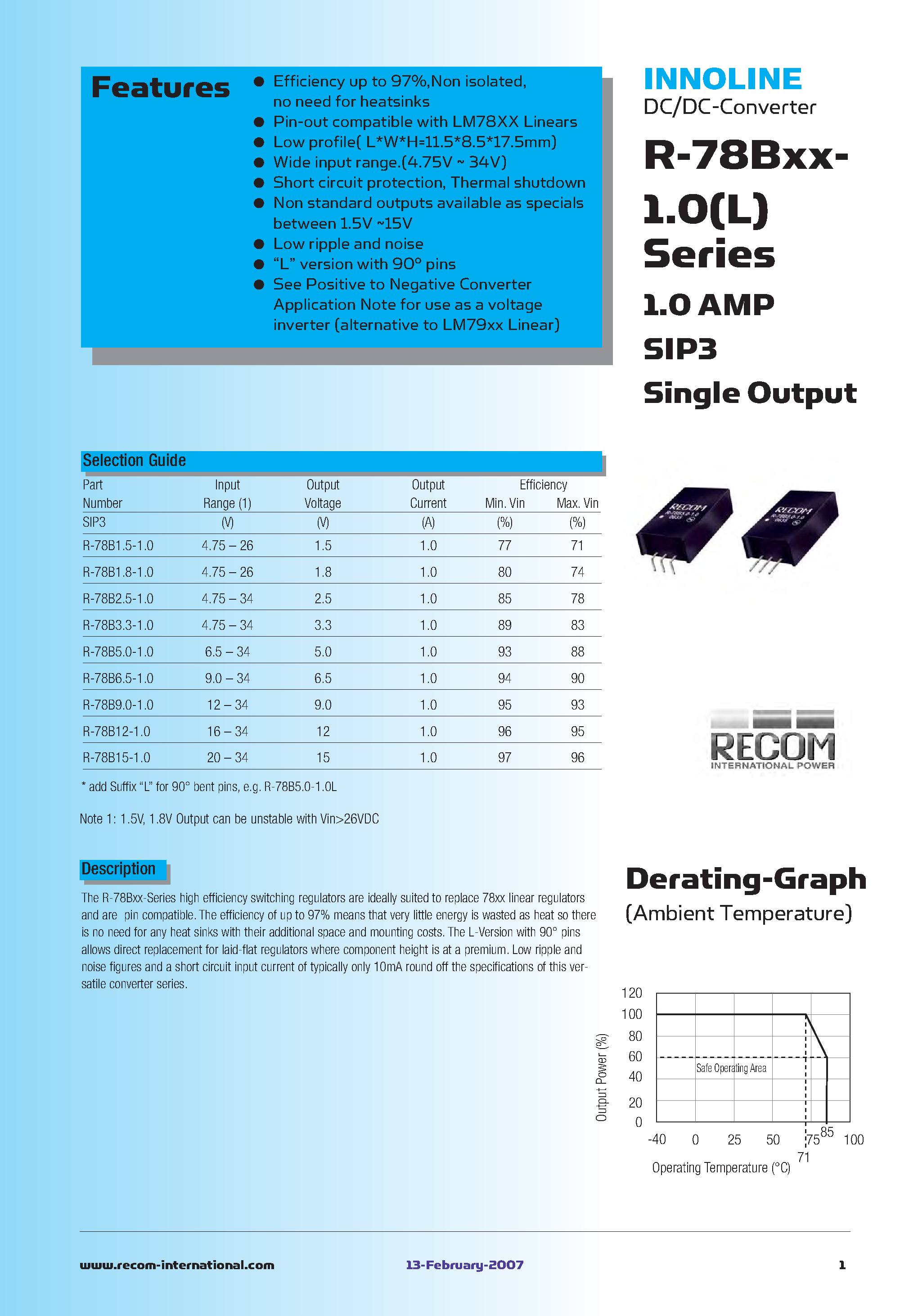 Datasheet R-78B1.5-1.0 - SIP3 Single Output page 1