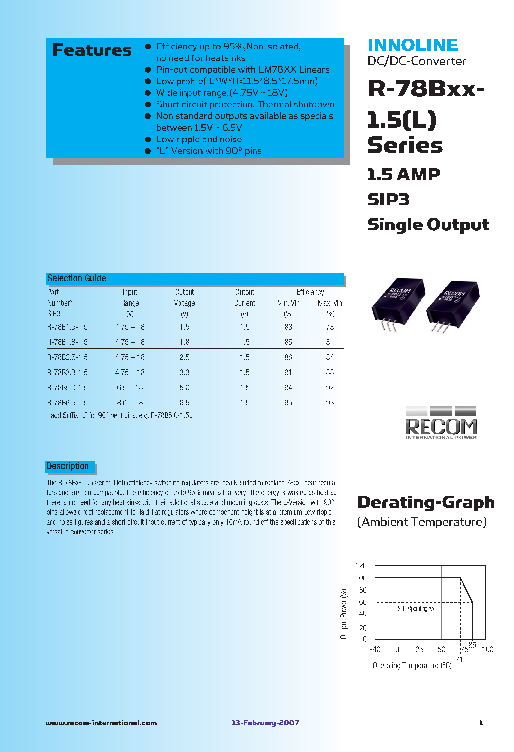 Datasheet R-78Bxx-1.5 - SIP3 Single Output page 1