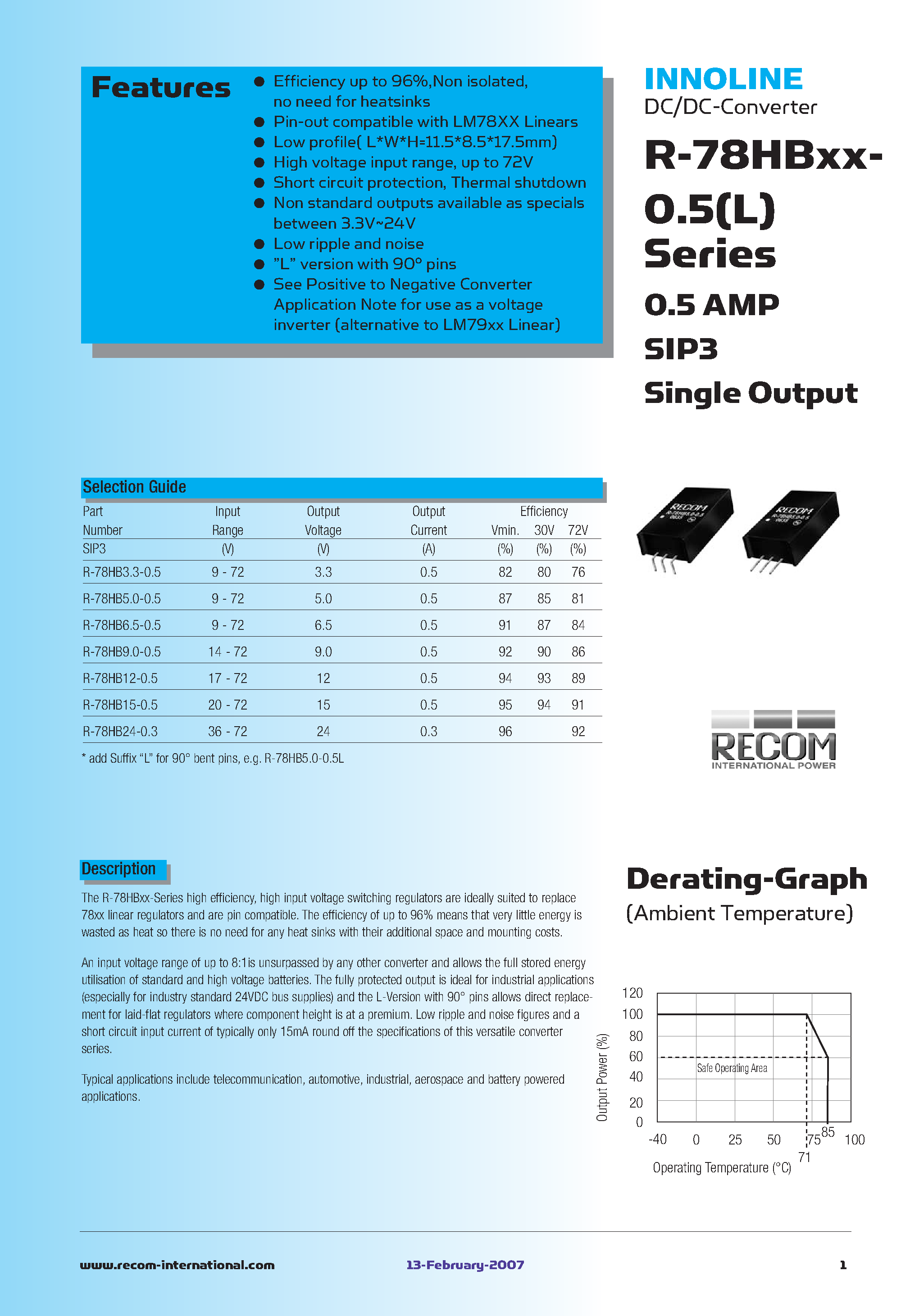 Даташит R-78HB3.3-0.5 - SIP3 Single Output страница 1