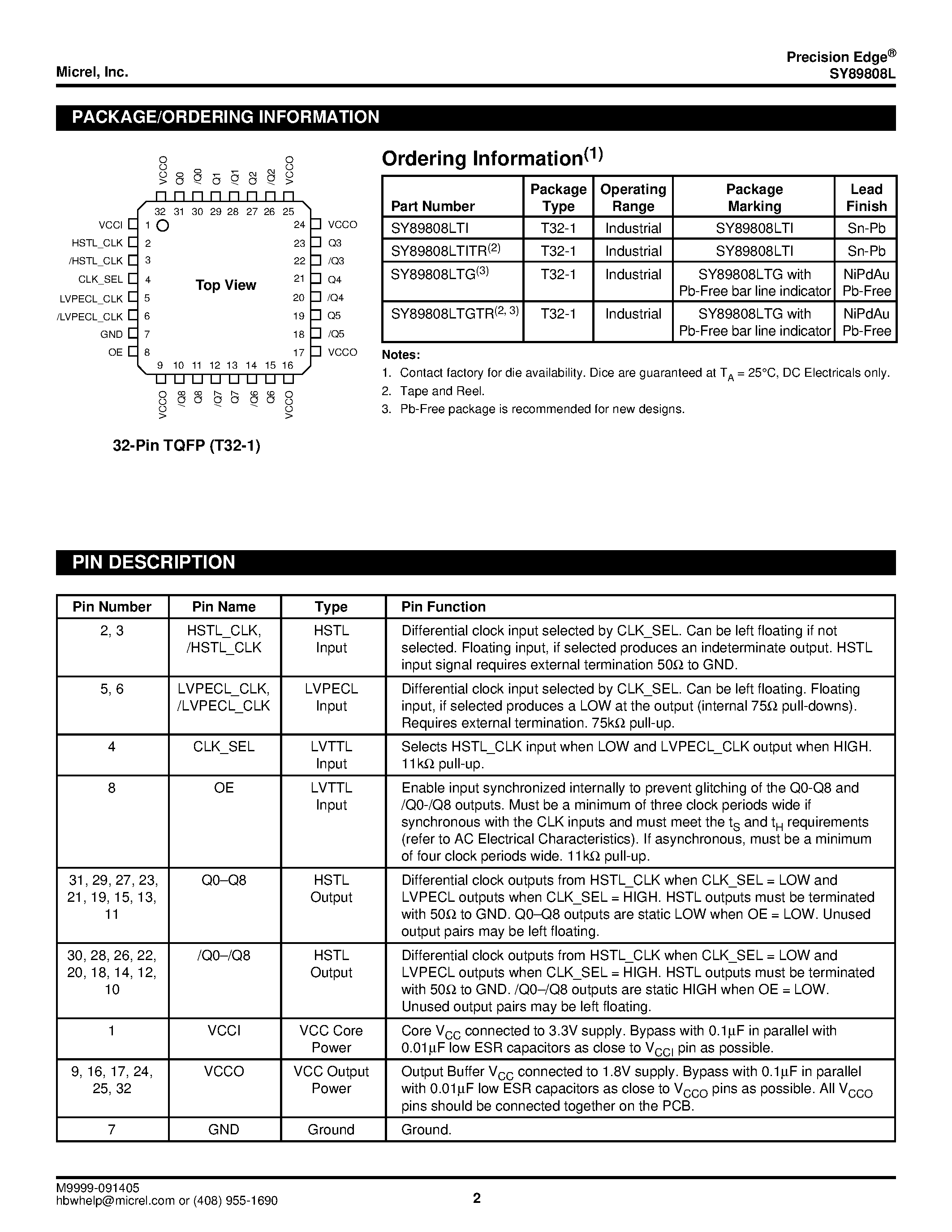 Datasheet SY89808L - 1:9 DIFFERENTIAL HSTL (1.5V) FANOUT BUFFER/TRANSLATOR page 2