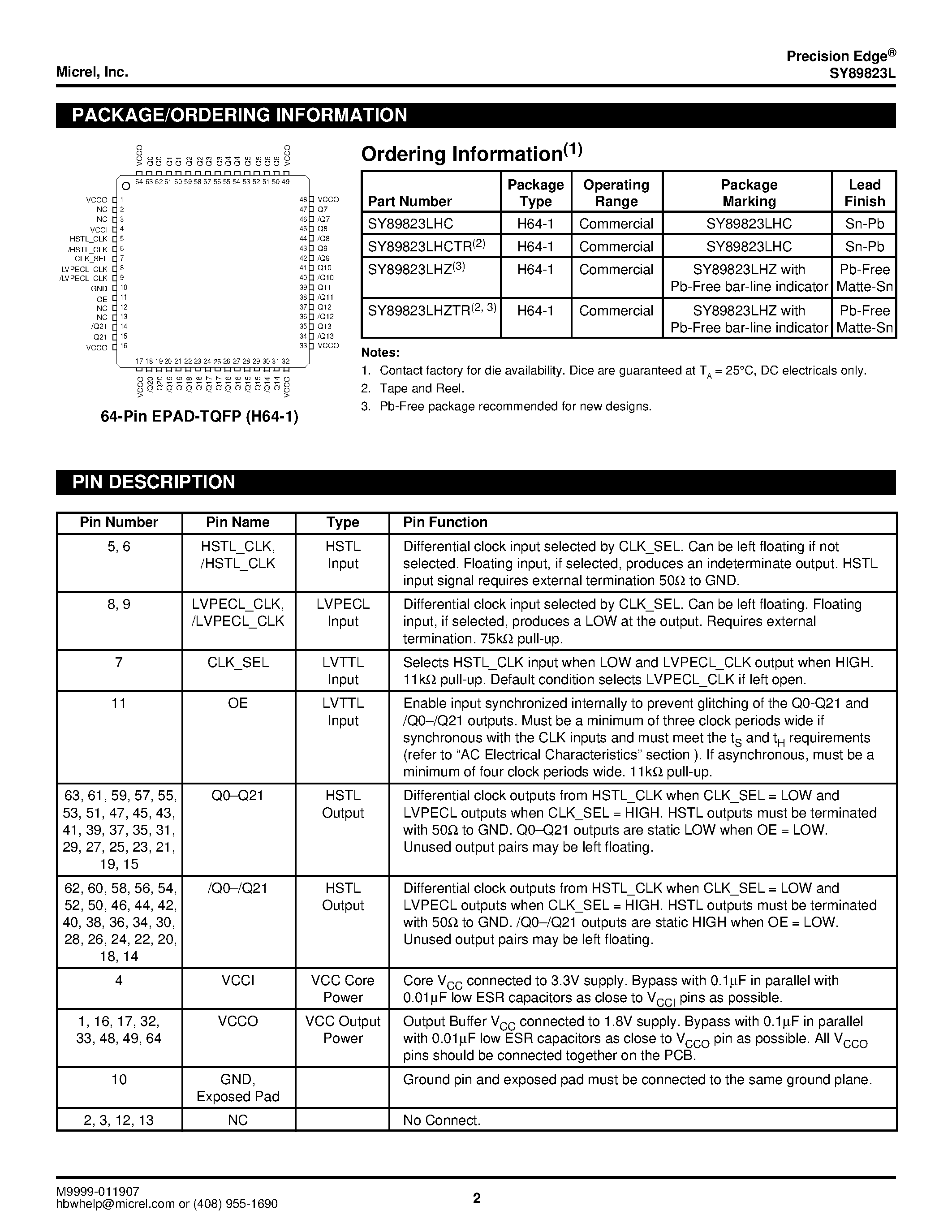 Datasheet SY89823L - 1:22 DIFFERENTIAL HSTL (1.5V) FANOUT BUFFER/TRANSLATOR page 2