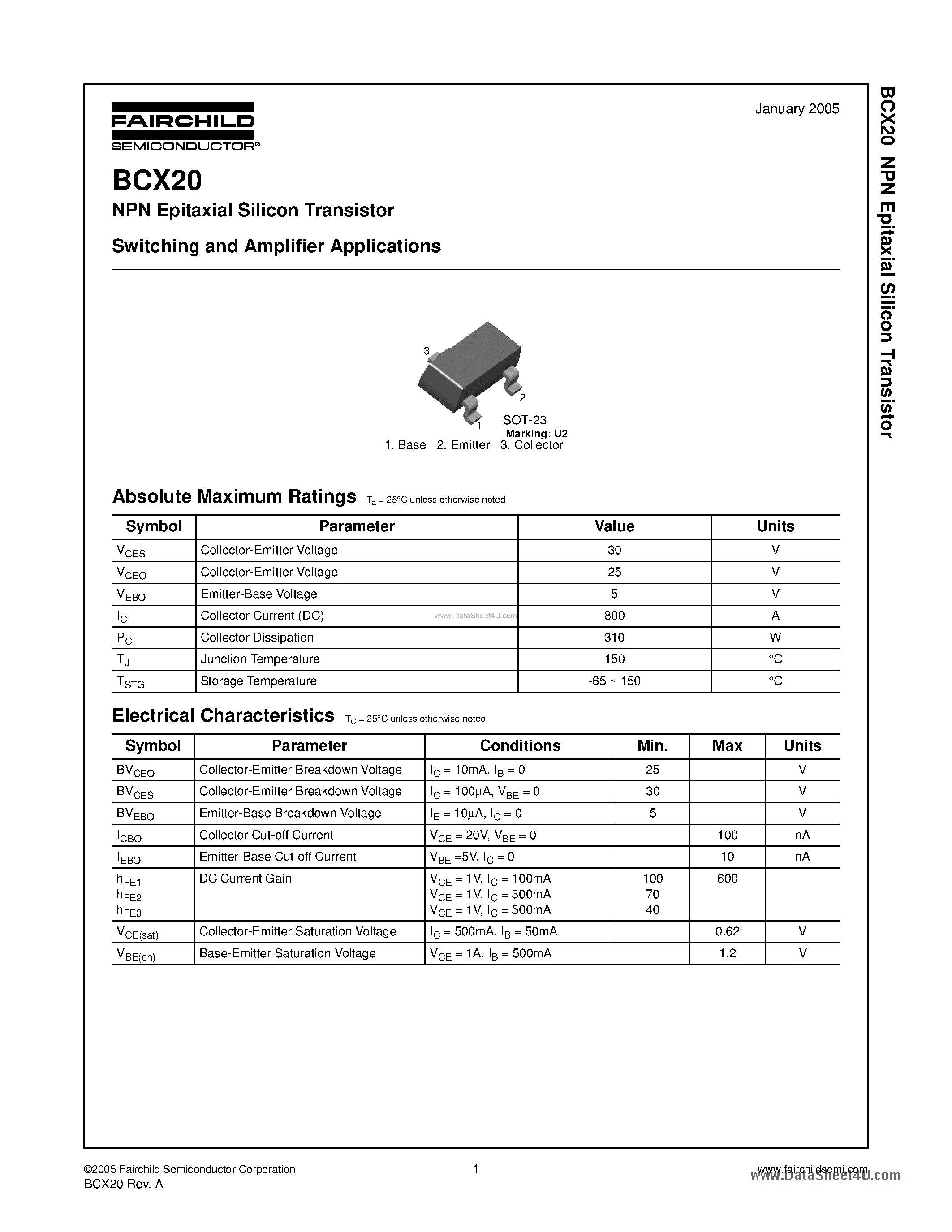 Даташит BCX20 - NPN Epitaxial Silicon Transistor Switching and Amplifier Applications страница 1