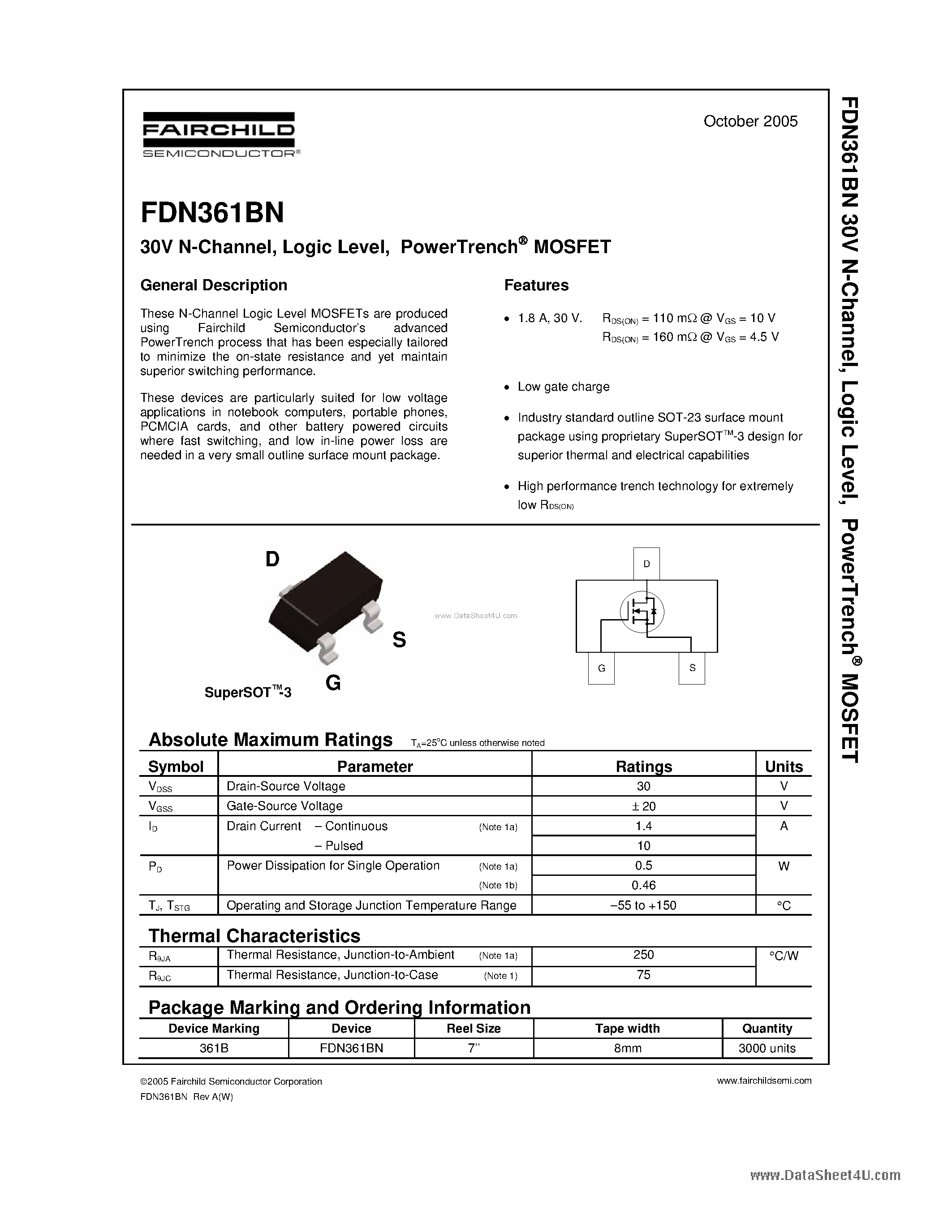 Даташит FDN361BN - MOSFET страница 1