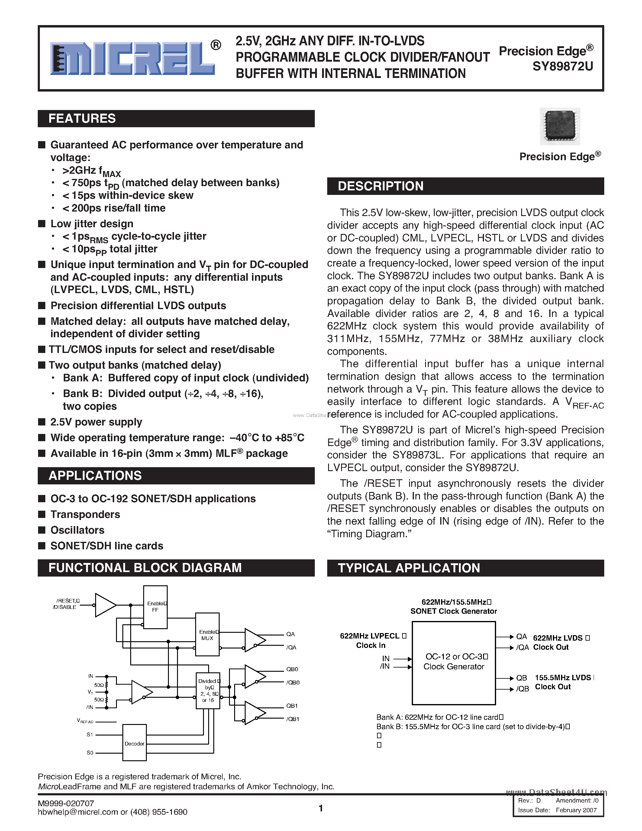 Datasheet SY89872U - IN-TO-LVDS PROGRAMMABLE CLOCK DIVIDER/FANOUT BUFFER page 1
