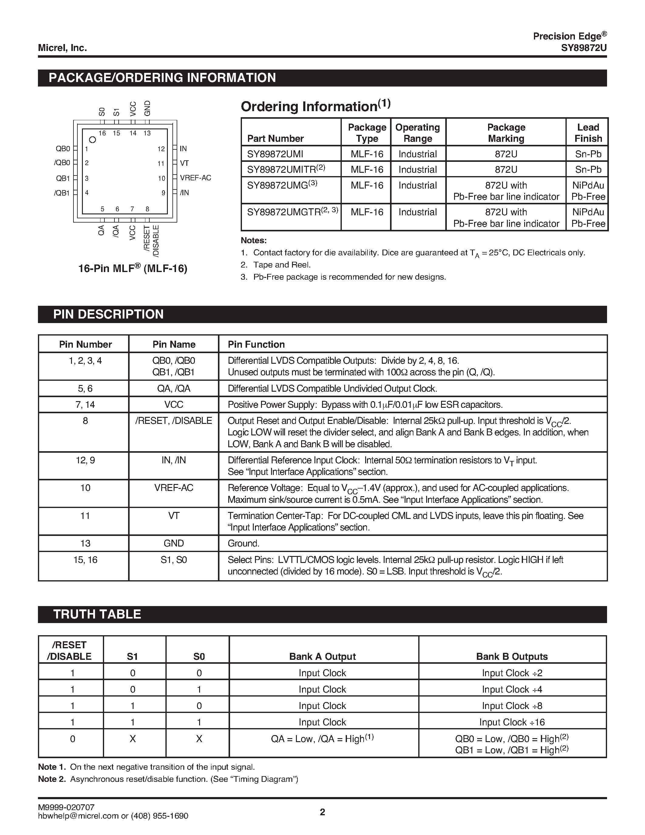 Datasheet SY89872U - IN-TO-LVDS PROGRAMMABLE CLOCK DIVIDER/FANOUT BUFFER page 2