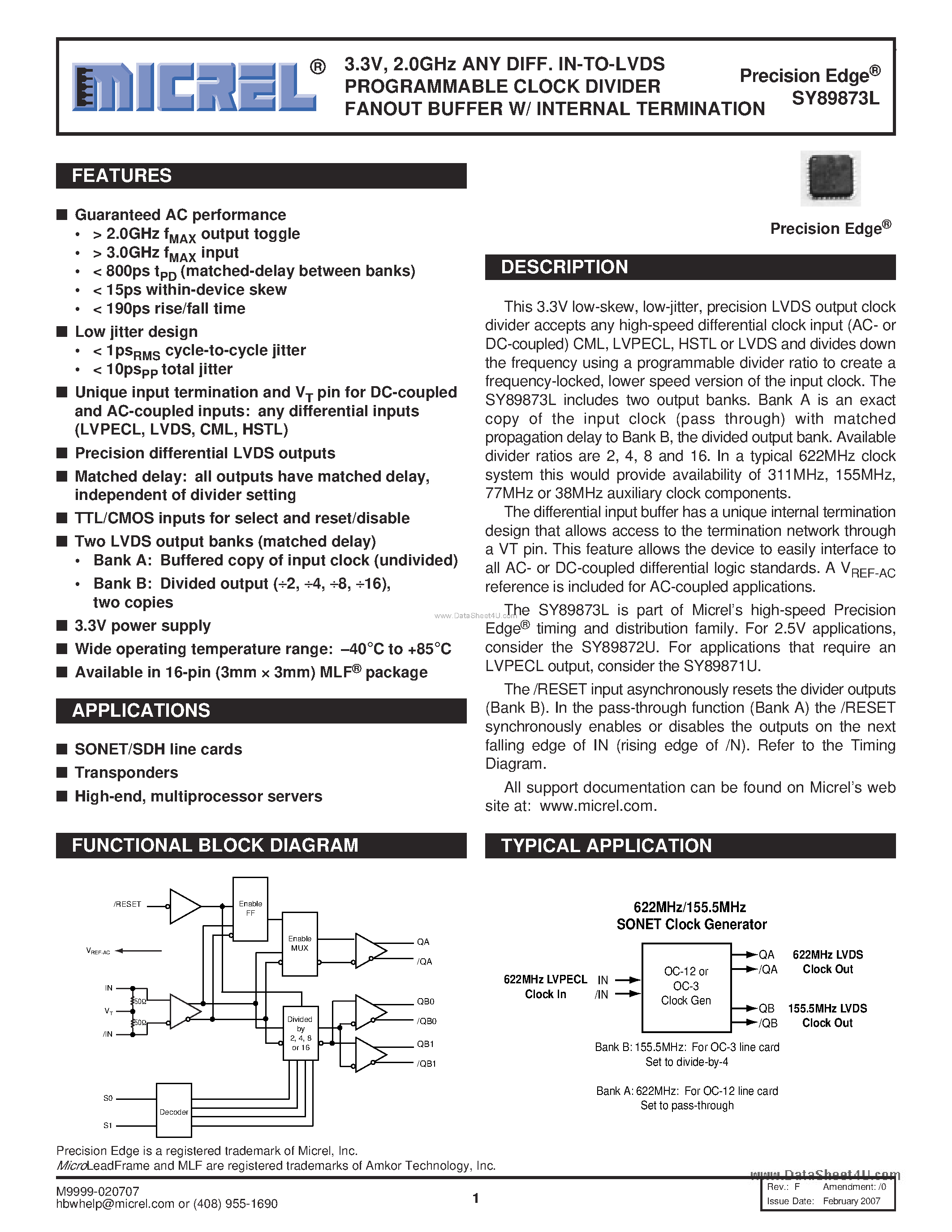 Datasheet SY89873L - IN-TO-LVDS PROGRAMMABLE CLOCK DIVIDER FANOUT BUFFER W/ INTERNAL TERMINATION page 1