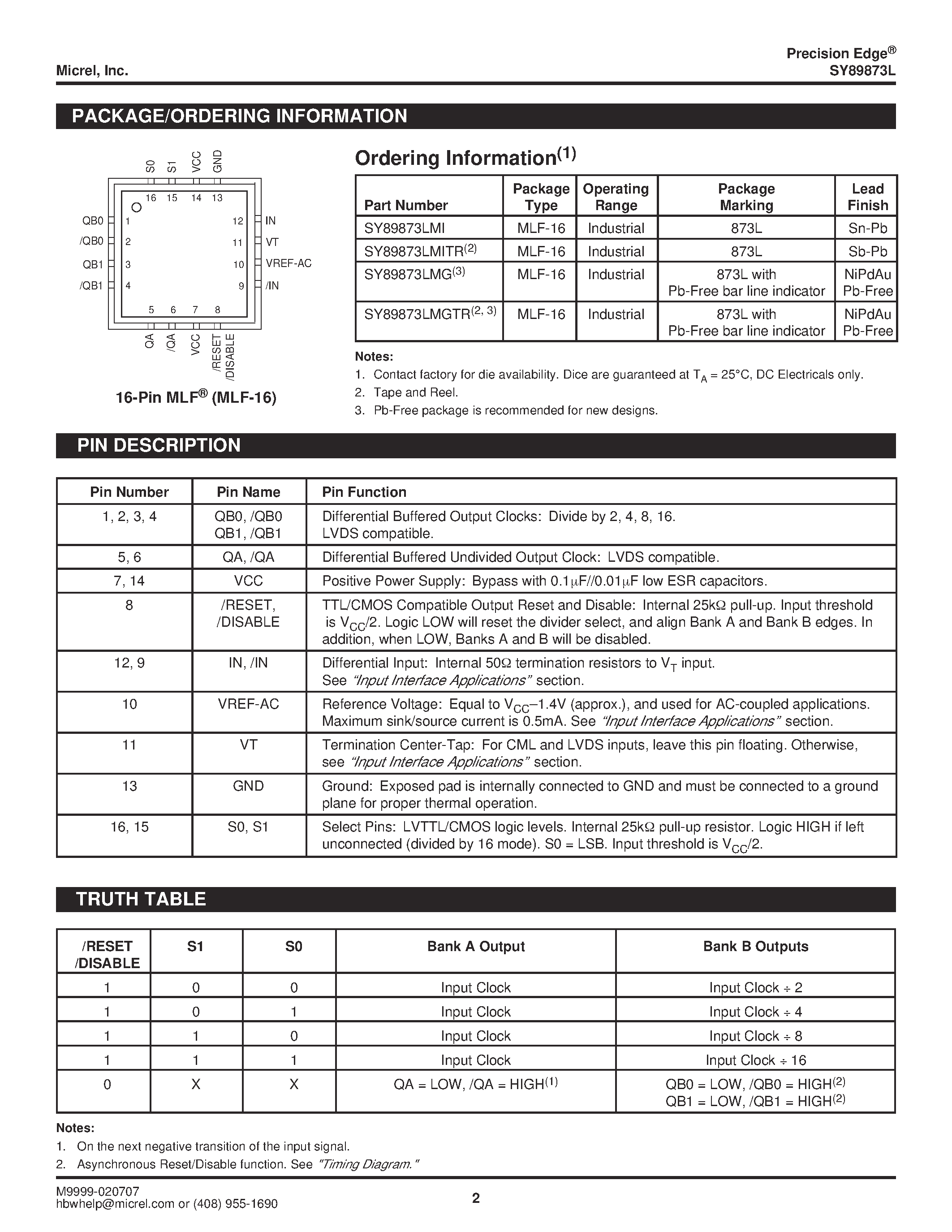 Datasheet SY89873L - IN-TO-LVDS PROGRAMMABLE CLOCK DIVIDER FANOUT BUFFER W/ INTERNAL TERMINATION page 2