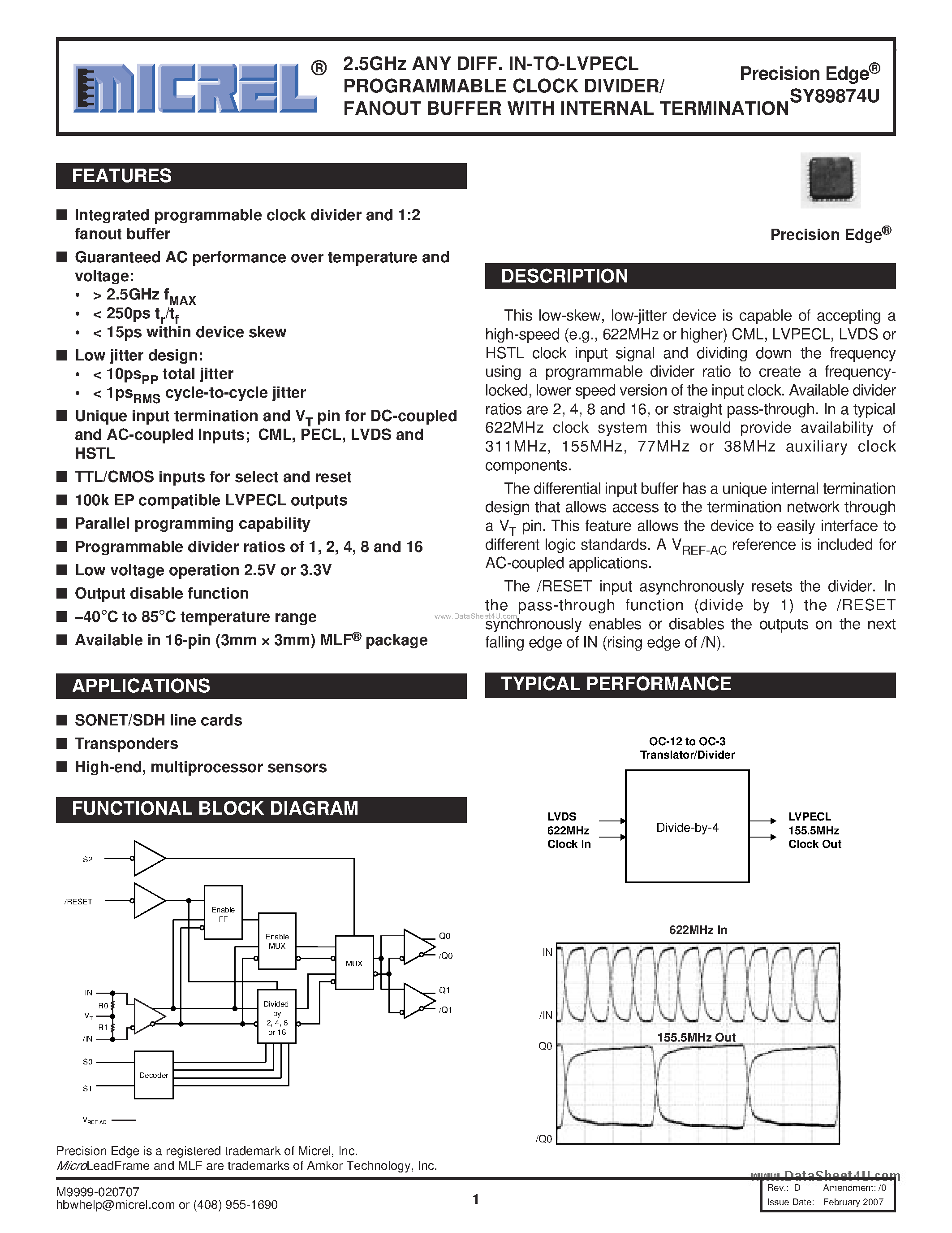 Datasheet SY89874U - IN-TO-LVPECL PROGRAMMABLE CLOCK DIVIDER/FANOUT BUFFER page 1