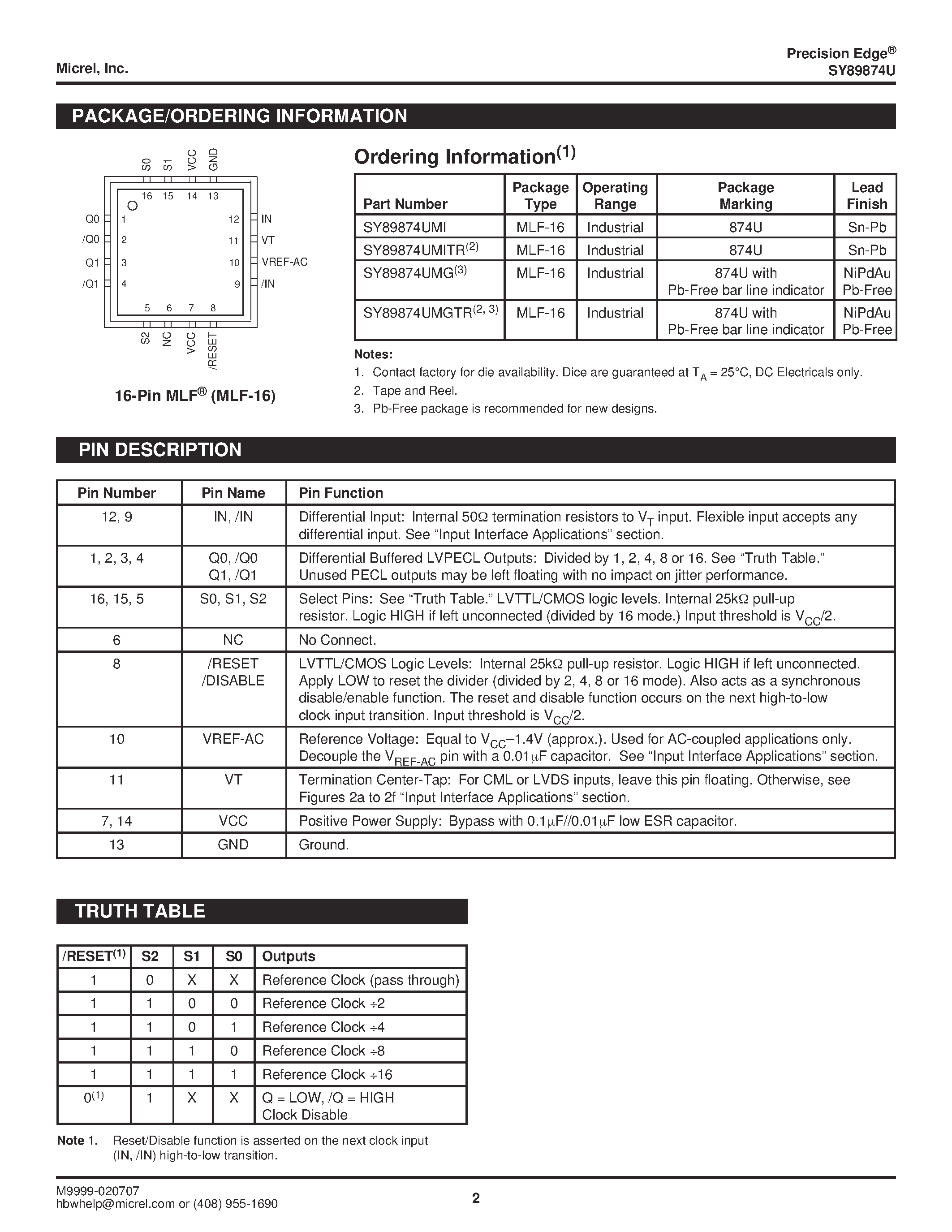 Datasheet SY89874U - IN-TO-LVPECL PROGRAMMABLE CLOCK DIVIDER/FANOUT BUFFER page 2