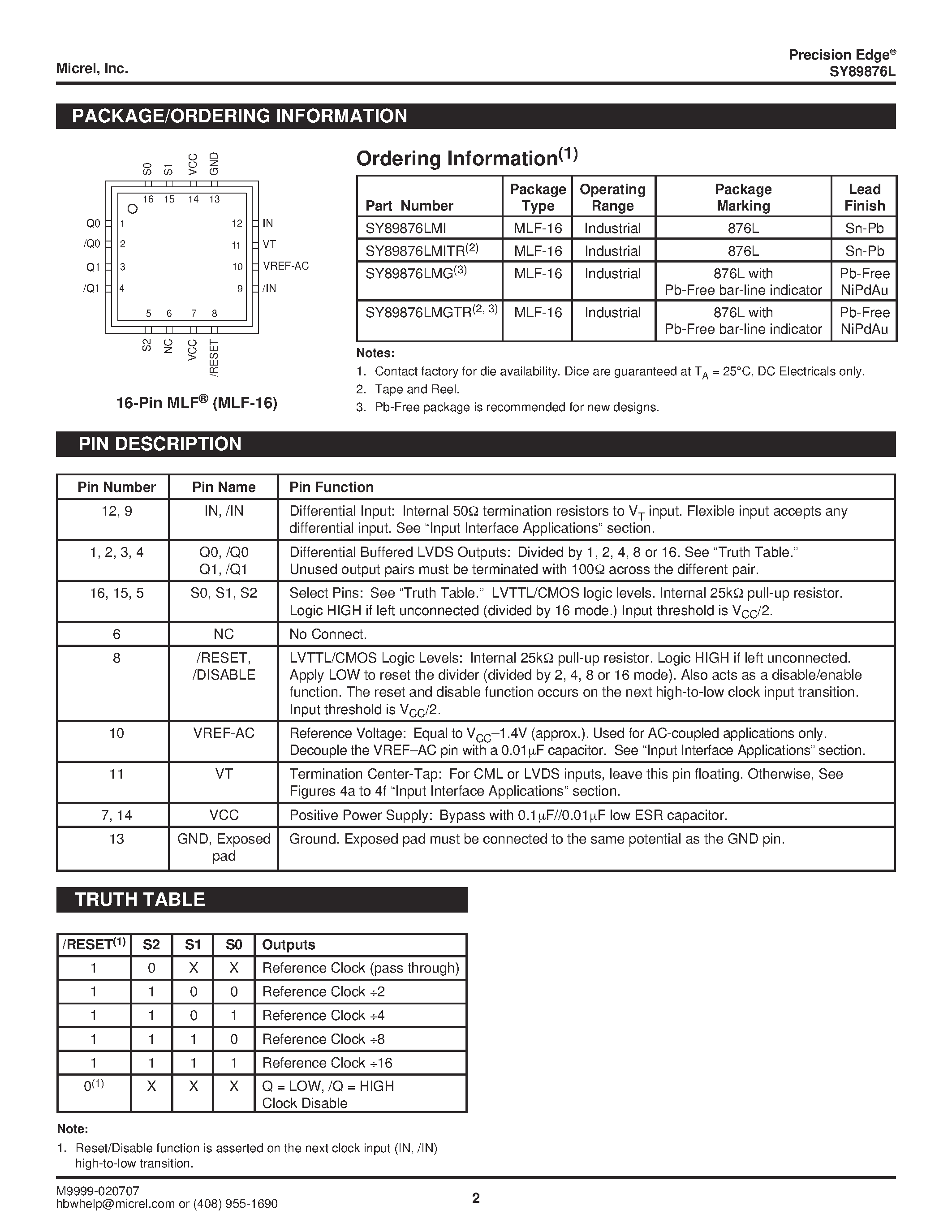 Datasheet SY89876L - ANY DIFFERENTIAL IN-TO-LVDS PROGRAMMABLE CLOCK DIVIDER AND 1:2 FANOUT BUFFER W/ INTERNAL TERMINATION page 2