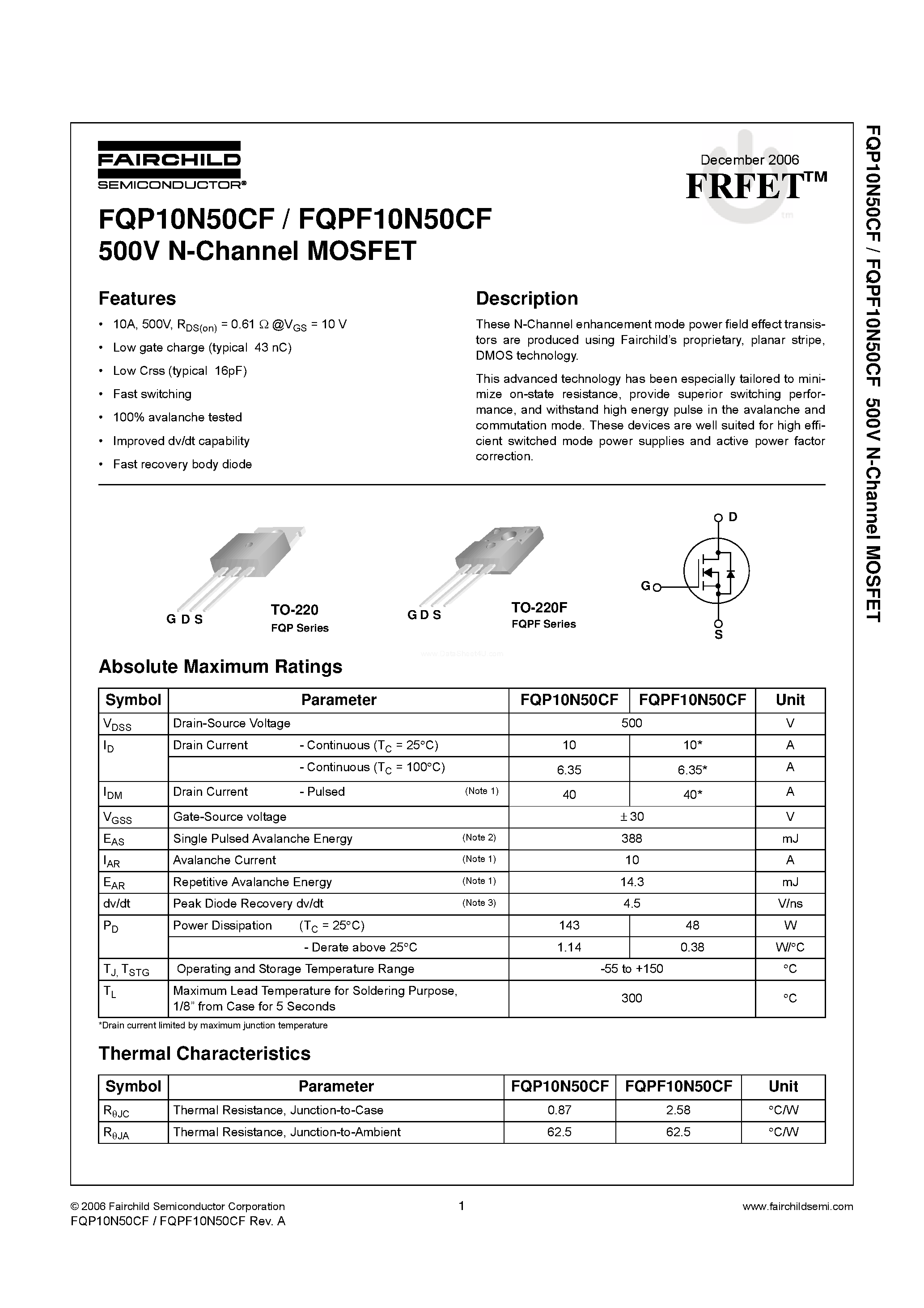 Datasheet FQP10N50CF - N-Channel MOSFET page 1