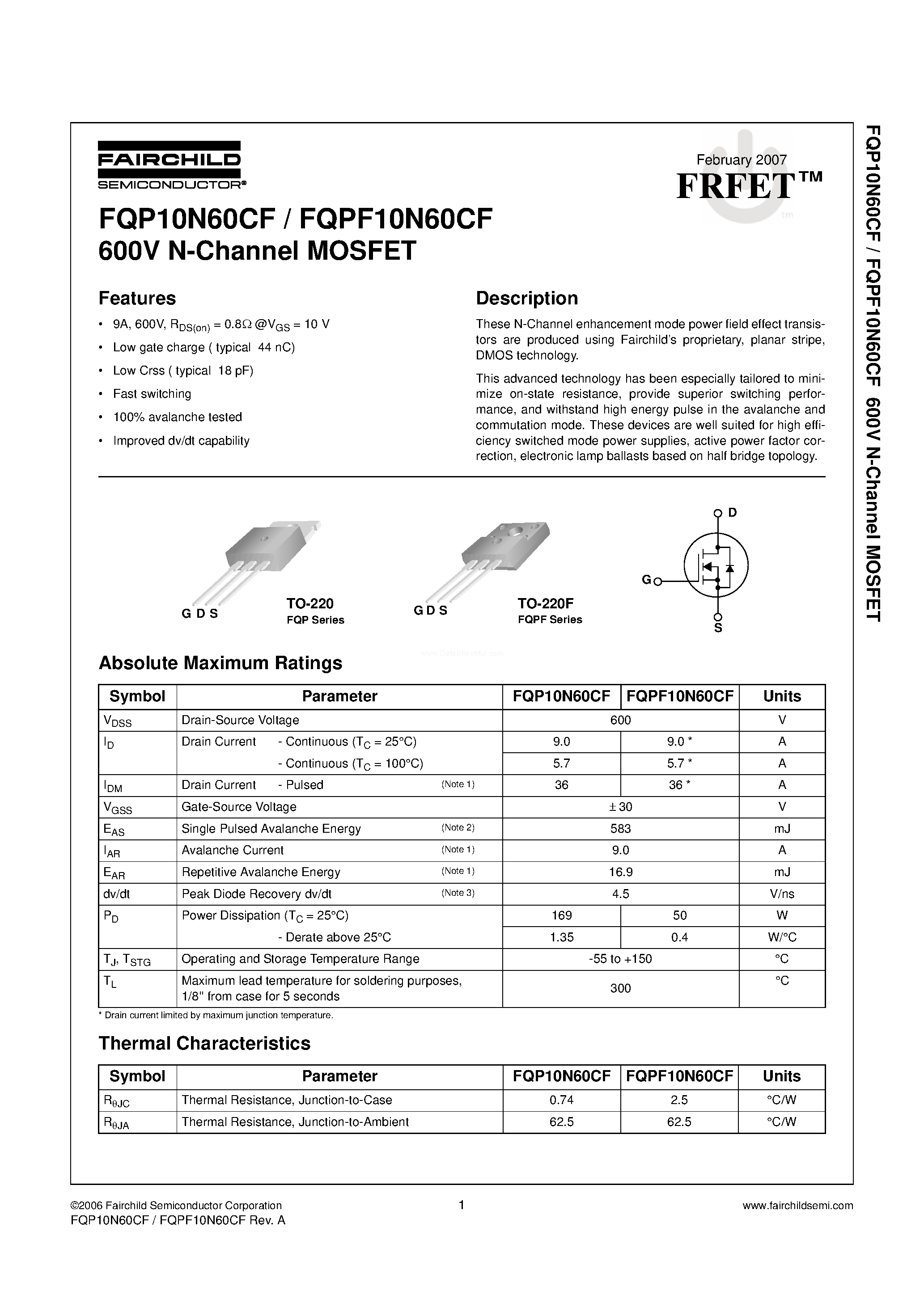 Datasheet FQP10N60CF - N-Channel MOSFET page 1