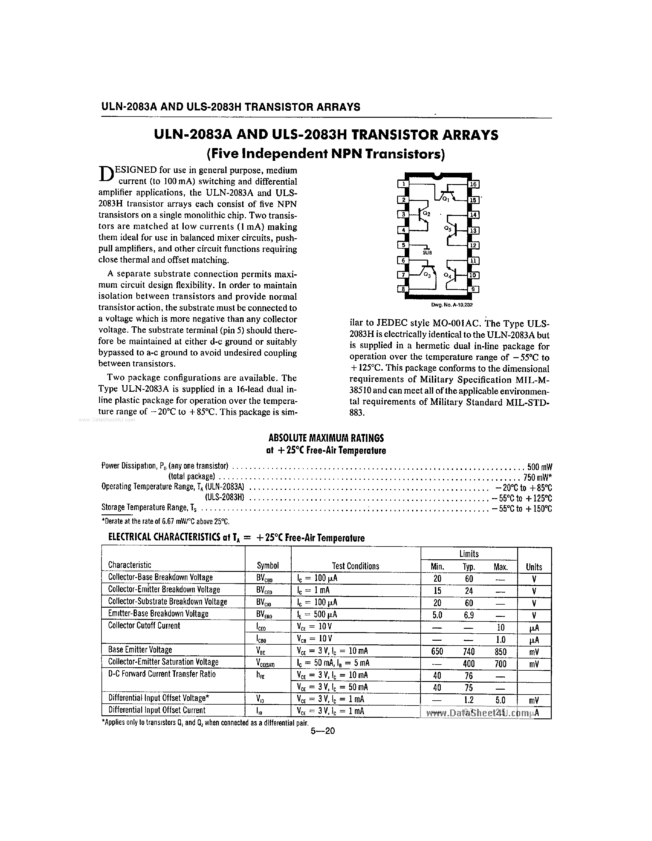 Datasheet ULN-2083A - Transistor Arrays page 1