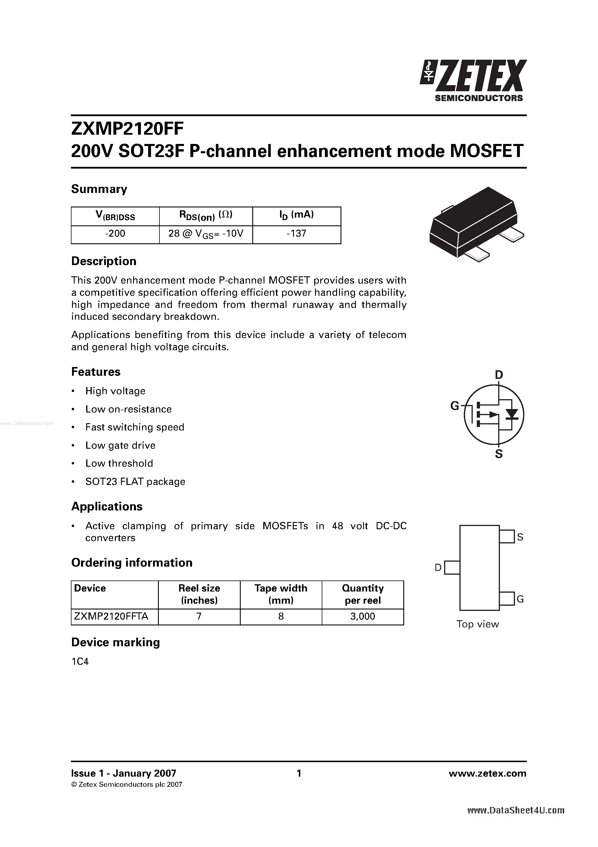 Даташит ZXMP2120FF - 200V SOT23 P-channel enhancement mode MOSFET страница 1