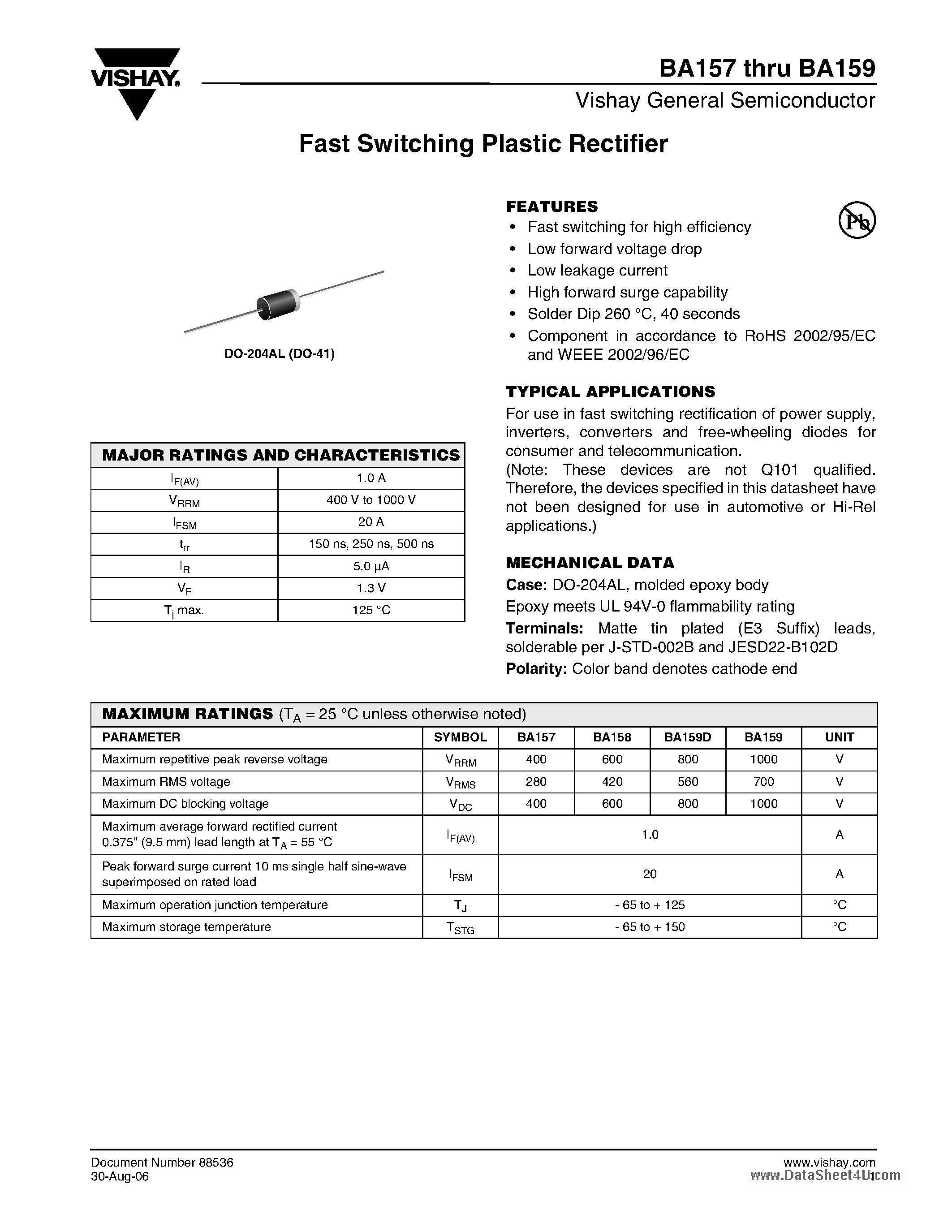 Даташит BA157 - (BA157 - BA159) Fast Switching Plastic Rectifier страница 1