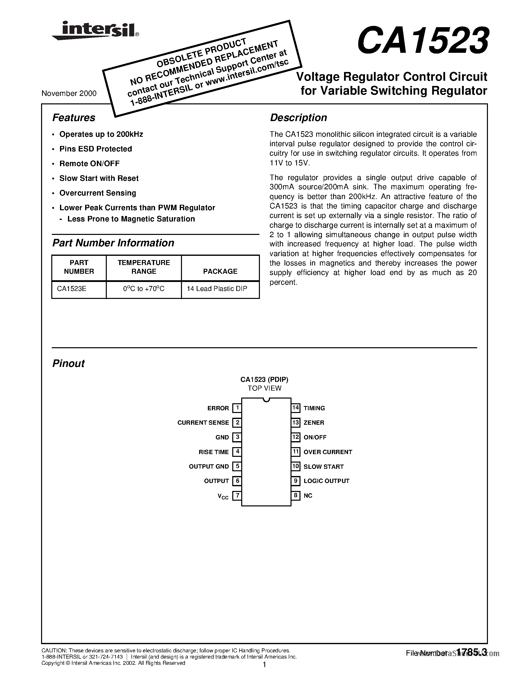 Datasheet CA1523 - Voltage Regulator Control Circuit page 1