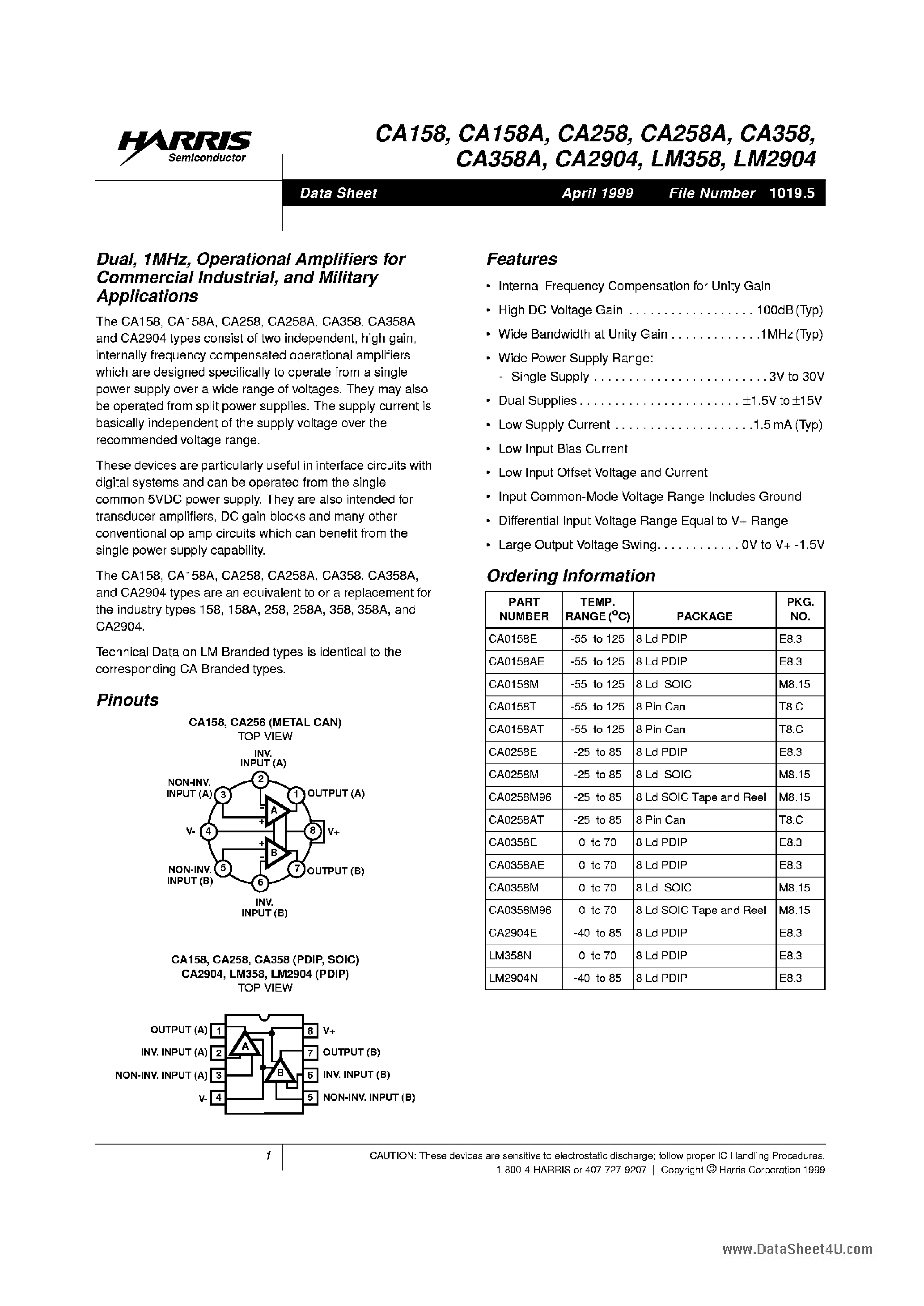 Datasheet CA158 - 1MHz OPERATIONAL AMPLIFIERS page 1