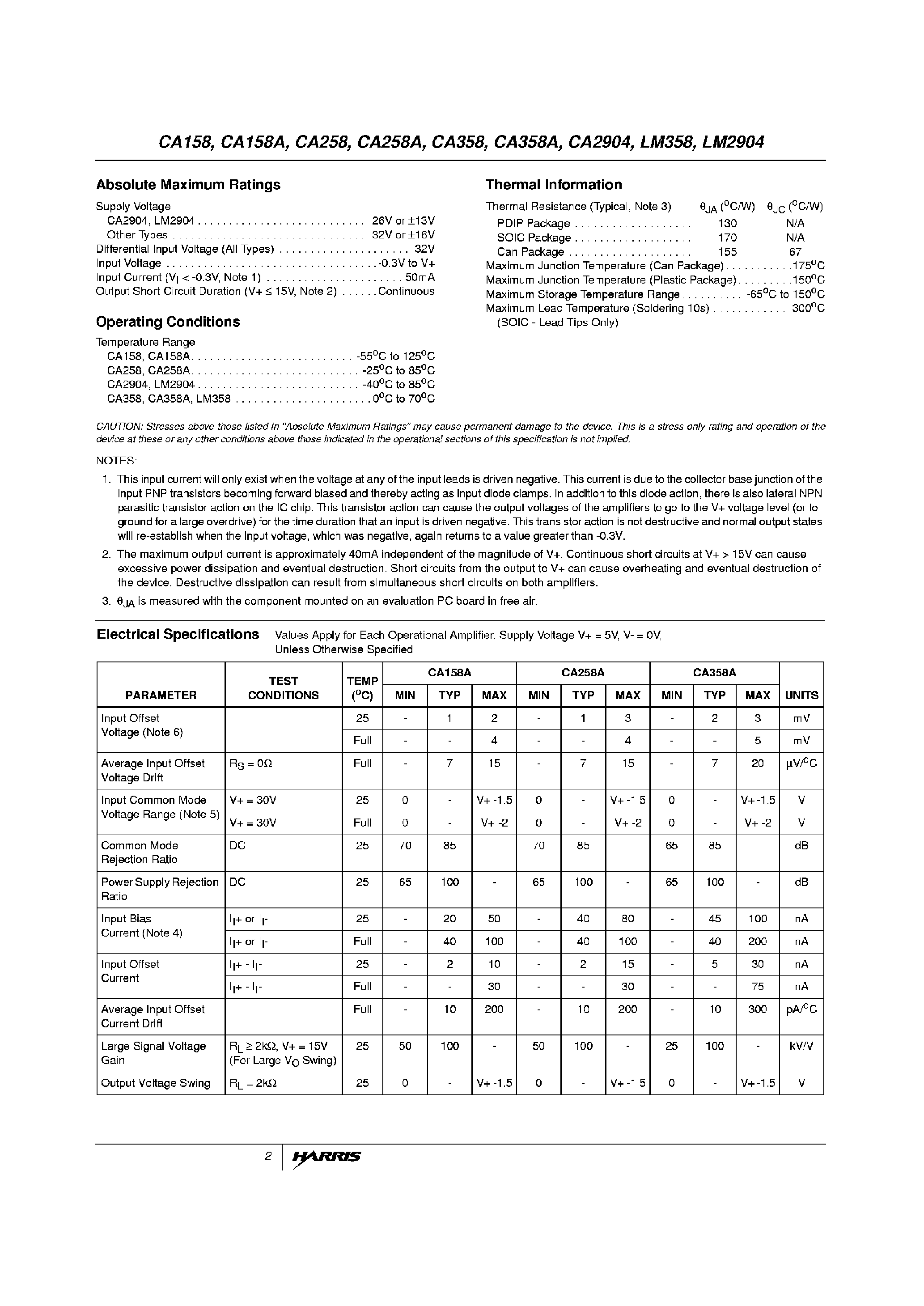 Datasheet CA158 - 1MHz OPERATIONAL AMPLIFIERS page 2